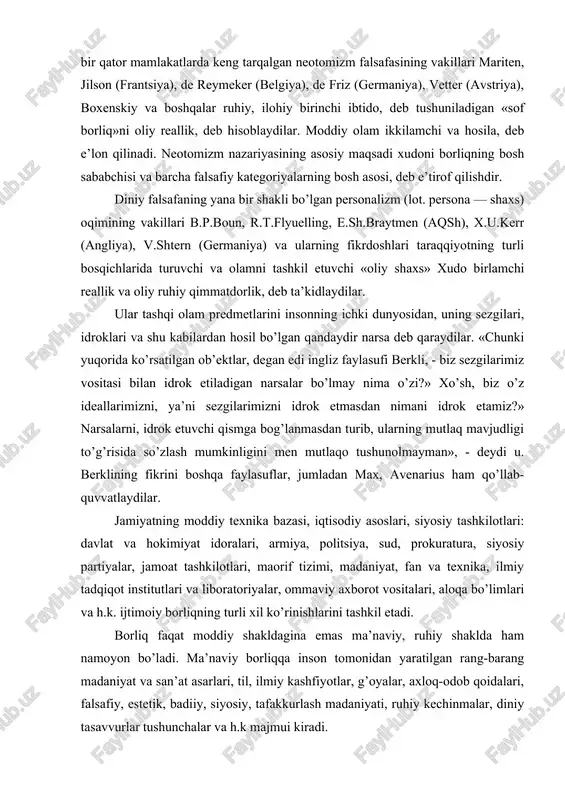 prokuratura, siyosiy partiyalar, jamoat tashkilotlari, maorif tizimi, madaniyat, fan va texnika, ilmiy tadqiqot institutlari va liboratoriyalar, ommaviy axborot vositalari, aloqa bo’limlari va h.k. ijtimoiy borliqning turli xil ko’rinishlarini tashkil etadi. borliq faqat moddiy shakldagina emas ma’naviy, ruhiy shaklda ham namoyon bo’ladi. ma’naviy borliqqa inson tomonidan yaratilgan rang-barang madaniyat va san’at asarlari, til, ilmiy kashfiyotlar, g’oyalar, axloq-odob qoidalari, falsafiy, estetik, badiiy, siyosiy, tafakkurlash madaniyati, ruhiy kechinmalar, diniy tasavvurlar tushunchalar va h.k majmui kiradi. kishilarning ichki holati, kechinmalari, his-tuyg’ulari, ruhiy, ma’naviy dunyosi, o’y-fikrlari, maqsad va masalalari hamda kayfiyatlari ham ma’naviy borliqning ko’rinishlaridir. yuqorida aytilganlardan ko’rinib turibdiki, borliq voqelikda mavjud bo’lgan barcha narsa va hodisalar, inson, jamiyat, kishilarning ichki dunyosi, ma’naviyatini ifodalaydigan keng qamrovli va sermazmun falsafiy tushunchadir. borliq shakllari (narsalar borlig’i, inson borlig’i, ijtimoiy borliq, ma’naviy borliq) bir butun dunyoning alohida ko’rinishidir. borliq ana shu alohida shakllar o’rtasidagi bog’liqlikni, umumiylikni ko’rsatadi. borliqning umumiy aloqadorligi alohida narsalarning mavjudligi bilan namoyon bo’ladi. substantsiya va …