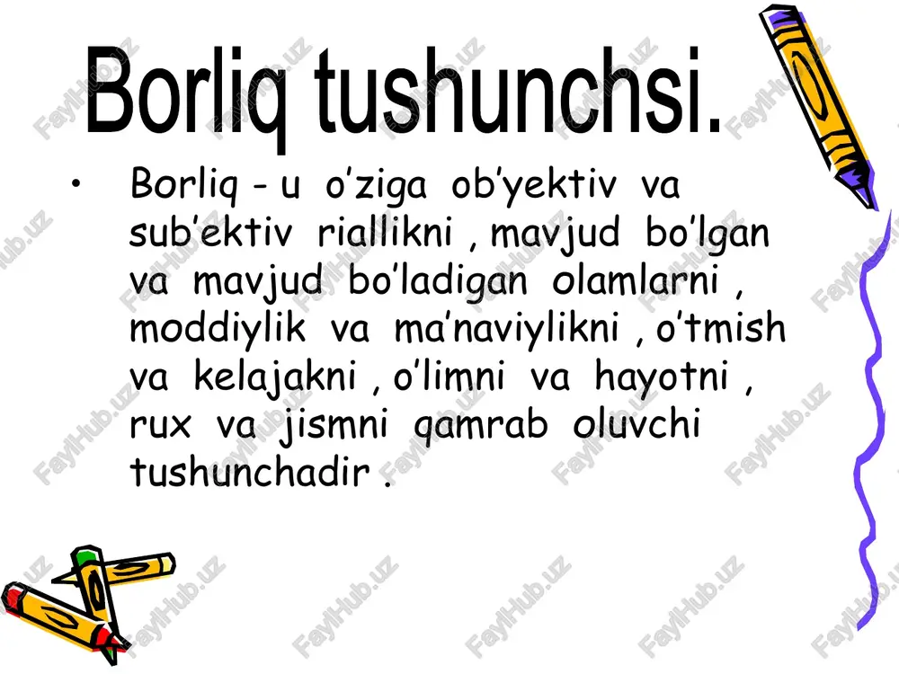 a va jarayon fazo va vaqtdan tashqarida mavjud bo`la olmaydi. harakat shakllariga quyidagilar kiradi. 1. mexanik harakat (jismlarning fazodagi siljishi. 2. fizik harakat (issiqlik, yorug’lik, elektr, magnitizm.) 3. kimyoviy harakat (kimyoviy birikish va parchalanish agregat holatlarning bir-biriga o’tishi.) 4. biologik harakat (organik hayot) 5. ijtimoiy harakat. materiya atributlariichida uning asosiy yashash usuli, mavjudlik shakli- bu harakatdir, chunki materiyaning har qanday ko’rinishining yaxlitligi harakat tufayli saqlanadi. harakat bir tomondan moddiy jismlarning tashkil etuvchi elementlar va turli jismlar o’rtasidagi aloqadorliklarning natijasi sifatida boshqa tomondan esa ularda ro’y beruvchi o’zgarishlar sifatida sodir bo’ladi.