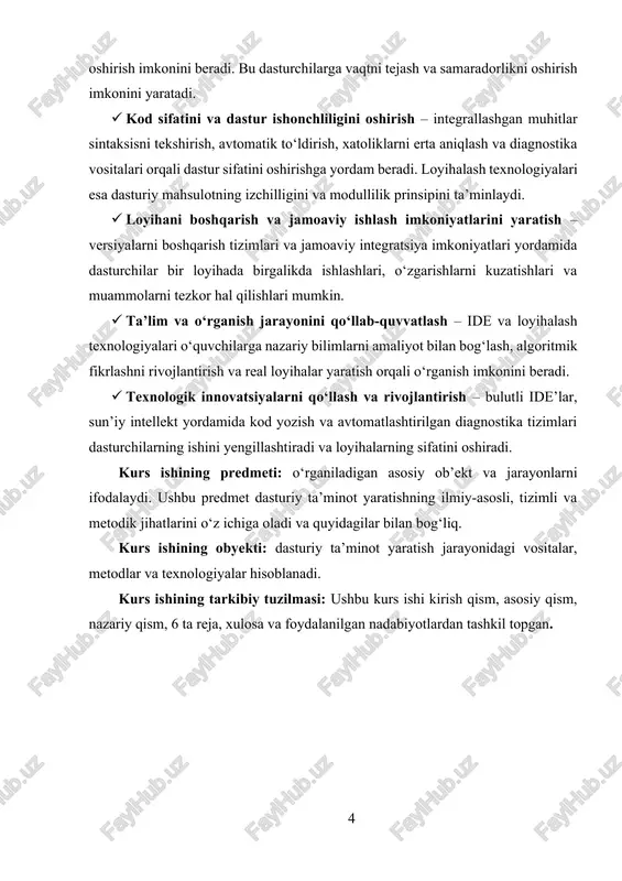 gan diagnostika tizimlari dasturchilarning ishini yengillashtiradi va loyihalarning sifatini oshiradi. kurs ishining predmeti: o‘rganiladigan asosiy ob’ekt va jarayonlarni ifodalaydi. ushbu predmet dasturiy ta’minot yaratishning ilmiy-asosli, tizimli va metodik jihatlarini o‘z ichiga oladi va quyidagilar bilan bog‘liq. kurs ishining obyekti: dasturiy ta’minot yaratish jarayonidagi vositalar, metodlar va texnologiyalar hisoblanadi. kurs ishining tarkibiy tuzilmasi: ushbu kurs ishi kirish qism, asosiy qism, nazariy qism, 6 ta reja, xulosa va foydalanilgan nadabiyotlardan tashkil topgan. 1.nazariy qism 1.1. dasturlash muhitlari tushunchasi, tuzilishi va asosiy komponentlari. dasturlash muhitlari tushunchasi, tuzilishi va asosiy komponentlari haqida gap ketganda, eng avvalo, dasturlash faoliyati inson tafakkurining eng murakkab, mantiqiy va ijodiy jarayonlaridan biri ekanligini ta’kidlash lozim. dasturlash muhitlari bu jarayonni soddalashtirish, avtomatlashtirish va samarali qilishga xizmat qiluvchi vositalar majmuasi sifatida yaratilgan. dasturlash muhiti (inglizcha atamasi bilan integrated development environment – ide) — bu dasturchilar tomonidan dasturiy ta’minotni yozish, sinovdan o‘tkazish, tahlil qilish va ishga tushirish jarayonlarini yagona platforma orqali amalga …