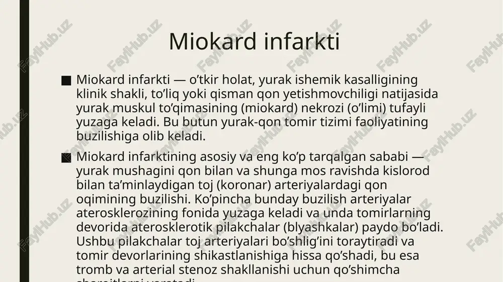 stmatik variant. bronxial astmaning shiddatli xurujini eslatadi. bemorda bo’g’ilish, ko’pikli balg’amli yo’tal (quruq bo’lishi ham mumkin) kuzatilishi va shu bilan birga odatda og’riq sindromi kuzatilmasligi yo’q yoki zaif ifodalangan bo’lishi mumkin. og’ir holatlarda o’pka shishishi rivojlanishi mumkin. ko’rik o’tkazilganda yurak ritmining buzilishi, qon bosimi pastligi, o’pkada xirillash sezilishi mumkin. ko’pincha, kasallikning astmatik shakli takroriy miokard infarktida, shuningdek, og’ir kardiosklerozning fonida sodir bo’ladi. aritmik variant. miokard infarktining bu shakli turli xil aritmiya (ekstrasistoliya, miltillovchi aritmiya yoki paroksizmal taxikardiya) yoki turli xil darajadagi atriyoventrikulyar blokada bilan namoyon bo’ladi. yurak urishi ritmining buzilganligi sabab ekg tekshiruvida miokard infarkti aniqlanmasligi mumkin. serebral variant. bosh miya tomirlarida qon aylanishi buzilishi bilan tavsiflanadi. bemorlar bosh aylanishi, bosh og’rig’i, ko’ngil aynishi va qayt qilish, oyoqlar holsizligidan shikoyat qilishi mumkin, hush chigal bo’lishi mumkin. og’riqsiz variant (xira shakli). miokard infarktining bu shakli tashxislashdagi qiyinchiliklarga eng ko’p sababchi bo’ladi. og’riq sindromi umuman kuzatilmasligi mumkin, bemorlar ko’krak qafasidagi noma’lum bezovtalik …