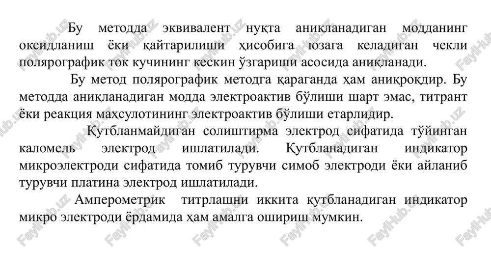 ing ko’rinishi elektrod reaksiyada titrlash reaksiyasining qaysi bir komponenti-aniqlanuvchi modda, titrant yoki reaksiya maxsuloti ishtirok etishiga qarab o’zgaradi. amperometrik titrlash usulida kimyoviy reaksiyalarning uch turidan: 1)cho’ktirish reaksiyalari 2)oksidimetrik reaksiyalari va 3)kompleksonometrik reaksiyalardan foydalanish mumkin. amperometrik titrlashda sodir bo’ladigan reaksiyalar tezligi va to’liq borishi jixatidan titrimetrik usullarda reaksiyalarga qo’yiladigan talablarga javob bera olishi zarur. ci-,br-,j-,so42-,co32-,mno4- va b. ko’pchilik anionlar potensial qiymati –0,4 b bo’lganda qo’rg’oshin tuzi bilan titrlanadi, bunda tomuvchi simob elektrodda pb2+ ionlar qaytariladi. ferrosianid [fe(cn)6]-4 ionining aylanuvchi platina elektrodda 0,7…1,0 b da oksidlanishidan zn2+,cu2+,pb2+,ca2+ va b. kationlarni amperometrik titrlashda foydalaniladi. amperometrik titrlash usullarida, ko’pincha, organik reagentlar ta’sirida cho’ktirishdan foydalaniladi. bunday reagentlar sifatida 8- oksixinolin, kupferon, dimetilglioksimlar ishlatiladi, titrlashni kationning kaytarilish toki yoki organik reagent toki bo’yicha olib borilishi mumkin. amperometrik titrlashni titrimetriya talablariga javob beruvchi kimyoviy reaksiya yordamida o’tkazilganda eritmadagi polyarografik faol komponentning eritma xajmidagi miqdori reaksiya davomida o’zgaradi. volt-amper egri chiziqlari bilan chegara tokining polyarografik faol titrant xajmiga …