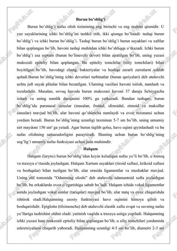 oid xaftasi va boshqalar) bilan tuzilgan bo’lib, ular orasida ligamentlar va mushaklar mavjud. uning old tomonida "odamning oloshi" deb ataluvchi adamantoid xafta joylashgan bo’lib, bu erkaklarda ovoz o’zgarishiga sabab bo’ladi. halqum ichida vokal ligamentlar ustida joylashgan vokal simlar (tariqalar) mavjud bo’lib, ular nutq va ovoz chiqarishda ishtirok etadi.halqumning asosiy funktsiyasi havo oqimini himoya qilish va boshqarishdir. epiglotta (tilsimoncha) deb ataluvchi elastik xafta ovqat va suvning nafas yo’llariga tushishini oldini oladi: yutinish vaqtida u traxeya ustiga yopiladi. halqumning ichki yuzasi ham mukozali epiteliy bilan qoplangan bo’lib, u siliy tomchilari yordamida sekretsiyalarni chiqarib yuboradi. halqumning uzunligi 4-5 sm bo’lib, diametri 2-3 sm atrofida. u 9 ta xafta va 9 ta ligamentdan iborat bo’lib, mushaklar orqali harakatlanadi. masalan, krikoaritenoid mushaklari vokal simlarni tortadi yoki bo’shatadi. halqumning yallig’lanishi (laringit) ovoz yo’qotilishiga va nafas qiyinlashishiga olib keladi, shuning uchun uning tuzilishi nafaqat nafas, balki muloqot uchun ham muhimdir. traxeya traxeya (shamollab yo’l) halqumdan bronxlarga o’tuvchi …