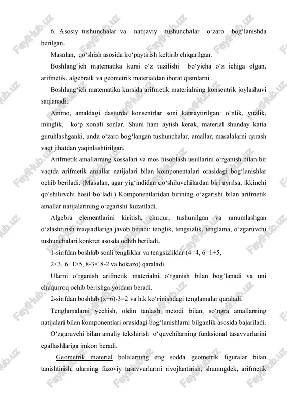 g‘ri to‘rtburchakning teng kvadratlarga bo‘lingan ko‘rsatmali obrazidan ko‘paytirishning o‘rin almashtirish xossasini bog‘lanishi ochib foydalaniladi...). 1-sinfdan boshlab to‘g‘ri va egri chiziqlar, kesmalar, ko‘pburchaklar va ularning elementlari, to‘g‘ri burchak va hokozo kiritilgan. o‘quvchilar geometrik figuralarni tasavvur qila olishni, ularni nomlari, katakli qog‘ozga sodda yasashlarni o‘rganib olishlari kerak. bundan tashqari, ular kesma va siniq chiziq uzunligini, ko‘pburchak perimetrini, to‘g‘ri to‘rtburchak, kvadrat va umuman har qanday figuraning yuzini (paletka yordamida) topish malakasini egallab olishlari kerak. o‘qitish metodi tushunchasi. boshlang‘ich sinflarda matematika o‘qitishning maqsadlari quyidagilar: umumta’lim maqsadi, tarbiyaviy maqsadi, amaliy maqsadi. bu maqsadlar bir-biri bilan uzviy bog‘liq bo‘lib, bir-birini to‘ldiradi. 1. ta’lim maqsadi o‘qituvchidan quyidagilarni talab qiladi. a) o‘quvchilarga matematik bilimlar tizimidan, bilim, malaka ko‘nikma berish; b) haqiqiy olamni matematik metodlar bilan o‘rganish; v) o‘quvchilarning og‘zaki va yozma nutqlarini o‘stirishni, uning sifatli bo‘lishini ta’minlash; g) o‘quvchilarga matematikadan shunday bilimlar berishni ta’minlashi kerakki, bu bilimlar orqali, faol bilish faoliyati orqali, bilim, malaka, ko‘nikmalari ortib borsin. 2. …