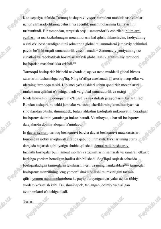 ada bo'lgan tarmoqni nazarda tutadi. boshqa tomondan, tarmoq markazlashgan tarmoq brokerlari orqali juda kam miqdordagi vositachilik bilan ta'minlanishi mumkin, faqatgina tashkilot va tashkilot o'rtasida to'g'ridan-to'g'ri o'zaro aloqalar kam va cheklangan. · tarmoq boshqariladigan yoki tashqi boshqariladigan ishtirokchi bo'lishi mumkin. ishtirokchilar tomonidan boshqariladigan tarmoqlar shuningdek qarang: ishtirok etish (qaror qabul qilish), o'z-o'zini boshqarishva guruh qarorlarini qabul qilish ishtirokchilarni boshqarishda tarmoq uning a'zolari tomonidan boshqariladi. ular boshqaruv jarayonida nisbatan teng ravishda o'zaro aloqada bo'lgan tarmoq a'zolarining ko'pini yoki barchasini o'z ichiga olgan bunday tarmoqlarni "umumiy ishtirokchi boshqaruv" deb atashadi. tashkilot tomonidan boshqariladigan etakchi tarmoqlar ko'proq markazlashtirilgan tarmoqlar tarmoq a'zosi bo'lgan etakchi tashkilot tomonidan boshqarilishi mumkin. tarmoq boshqaruvining tarixiy va zamonaviy namunalari · 10-13-asrlarda qohiradagi savdogarlar bir-birlariga ular uchun ishlaydigan agentlar to'g'risidagi niyat va ma'lumotlar to'g'risida hisobot berib turadigan va yomon ishlagan agentlarga birgalikda sanktsiyalar qo'llanadigan savdogarlar tarmog'ini shakllantira boshlaydilar. bu qohira va adanda tashkil etilgan savdo markaziga olib keladi - bu bozor …