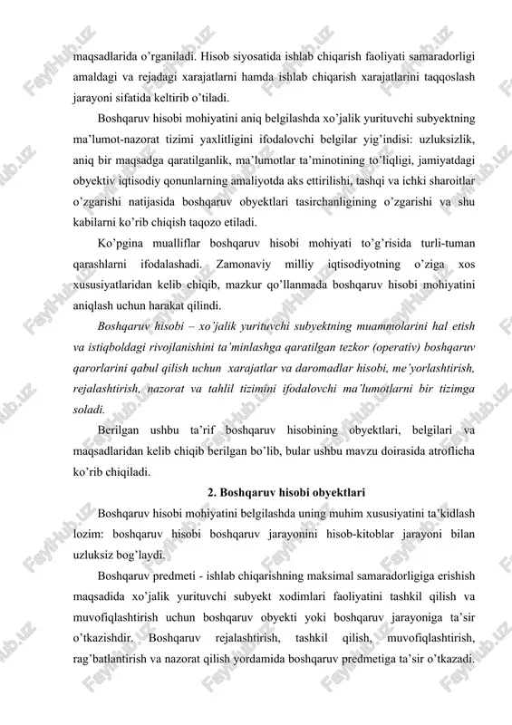 siz bog’laydi. boshqaruv predmeti - ishlab chiqarishning maksimal samaradorligiga erishish maqsadida xo’jalik yurituvchi subyekt xodimlari faoliyatini tashkil qilish va muvofiqlashtirish uchun boshqaruv obyekti yoki boshqaruv jarayoniga ta’sir o’tkazishdir. boshqaruv rejalashtirish, tashkil qilish, muvofiqlashtirish, rag’batlantirish va nazorat qilish yordamida boshqaruv predmetiga ta’sir o’tkazadi. aynan shu funksiyalarni boshqaruv hisobi bajarib, u o’z tizimini yaratib, boshqaruvning maqsad va vazifalariga javob beradi. hozirgi paytgacha boshqaruv hisobi predmetining aniq ta’riflari mavjud emas. mualliflar umumiy holda buxgalteriya hisobi va xususiy holda boshqaruv hisobi mohiyati ta’riflarini ifodalash bilan chegaralanishmoqda. ta’kidlash lozimki, xo’jalik yurituvchi subyekt faoliyatini boshqarish tizim va metodlari o’zgarmoqda, shunga muvofiq tarzda boshqaruv hisobining tarkibi o’zgarmoqda. ayniqsa, bu turli tashkiliy tuzilmaga ega bo’lgan xo’jalik yurituvchi subyektlardagi o’zgaruvchan tashqi omillar (inflyatsiya, ishlab chiqarishni tarkibiy qayta qurish va sh.k.) ta’siridagi xarajatlar va daromadalar hisobini modellashtirishga tegishlidir. ana shu erda boshqaruvning obyektlari va subyektlari tarkibi o’zgaradi. boshqaruv to’g’risidagi fan boshqaruv hisobi predmeti haqidagi konsepsiyani ham shakllantiradi. boshqaruv hisobining predmeti …