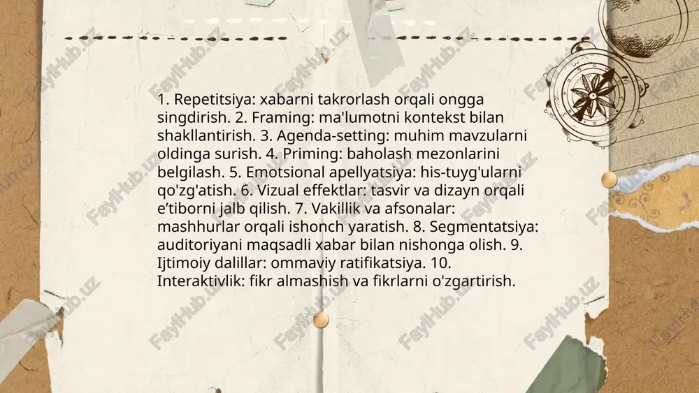 di, uzoq muddatli strategiyalar brend sodiqligini yaratadi. 4. etika va noto'g'ri ma'lumot iste'molchini chalg'itishi mumkin; o'lchovlar: ctr, konversiya, eslab qolish. ... t.me/slaydai_bot emotsional manipulyatsiya va sensationalizm auditoriyani hissiy jihatdan boshqaradi, qarorlarni tezlashtiradi va tanqidiy fikrlashni pasaytiradi. 3 ta asosiy ta'sir: 1) hissiy aralashish orqali e'tibor va ishtiyoqni oshirish, 2) axborotni soddalashtirish va stereotiplashtirish, 3) noaniq yoki dramatik xabarlar orqali vahima va g'azabni kuchaytirish. natijada ishonch pasayishi, dezinformatsiya tarqalishi va ijtimoiy polarizatsiya kuchayadi; uzoq muddatda hissiy sustlashuv va jurnalistik ishonchsizlik paydo bo'ladi. medianing auditoriyaga ta'siri akramova saida e'tiboringiz uchun raxmat! image1.png image2.png image3.png 1 ve yea s 2 e@eawmwterwwe-ese w9 @ww-= 2 = @& /docprops/thumbnail.jpeg