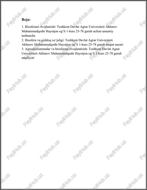 tuqlari va dasturlari har birimiz, xususan, agrar sohada tahsil olayotgan talabalar uchun muhim ahamiyatga ega. 2. biosfera va qishloq xoʻjaligi: toshkent davlat agrar universiteti akbarov muhammadqodir hayotjon ogʻli 1-kurs 25-78 guruh nuqtai nazari toshkent davlat agrar universiteti, o‘zbekiston respublikasida yer qishloq xo‘jaligida samarali foydalanishni rivojlantirishda muhim rol o‘ynaydi. universitetning asosiy maqsadi – biosferani muhofaza qilish va qishloq xo‘jaligini barqaror rivojlantirishga hissa qo‘shadigan mutaxassislarni tayyorlashdir. quyida ushbu yo'nalishda mavjud ba'zi ma'lumotlar keltirilgan. 1. **biosfera va qishloq xo‘jaligi ahvoli:** - o‘zbekistonning umumiy yer maydoni 448,978 km² bo'lib, shundan qariyb 25% qishloq xo‘jaligi uchun foydalaniladi. - qishloq xo‘jaligi mamlakat iqtisodiyotining muhim qismi hisoblanadi. 2020-yilda mamlakat yalpi ichki mahsulotida qishloq xo‘jaligida ishlab chiqarilgan mahsulotlar qariyb 28% ni tashkil etdi. - respublikada tadqiqotlar ko'rsatmoqda, qishloq xo‘jaligidagi yangicha texnologiyalarni joriy qilish orqali hosildorlikni 30% oshirish imkoniyati mavjud. - keyingi ma'lumotlarga qarab, o‘zbekiston tuproqning unumdorlik darajasi 1980-yillardan 2000-yillargacha keshmoqda. iqlim o‘zgarishi va resurslardan noto‘g‘ri foydalanish bu jarayonni …