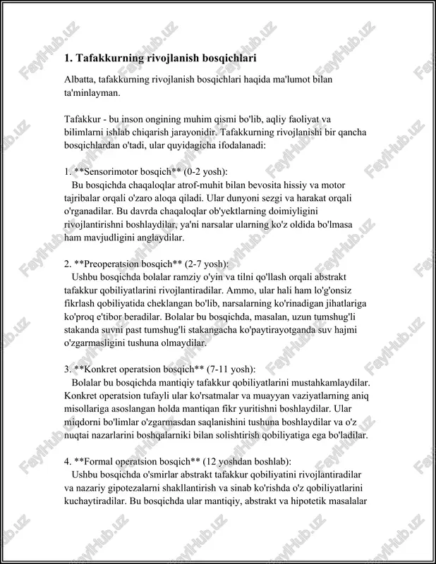 i uch yili miya rivojlanishi uchun eng muhim davr hisoblanadi. tahlillar shuni ko‘rsatadiki, bu davrda miyada har soniyada taxminan 700 sinaps hosil bo‘ladi. - ushbu davrda sezgirlik, harakatlanish va til asoslari shakllanadi. bolalar atrof-muhitdagi yorug‘lik, tovush va boshqa sensor ma'lumotlarni qabul qilishni o‘rganadilar. - 2 yoshga kelib, bolalar odatda 200-300 ta so‘zni o‘zlashtiradi va ikki so‘zli gaplarni tuzishni boshlaydi. 2. **maktabgacha ta'lim yoshi (3-5 yosh):** - bu davrda bolalarning kognitiv rivojlanishi jadal sur’atda davom etadi. ular abstrakt tushunchalarni anglashni boshlaydilar va oddiy muammolarni hal qila olish qobiliyatiga ega bo‘ladilar. - 4 yoshga kelib, bolaning lug‘at boyligi 1500-2500 ta so‘zni tashkil qilishi mumkin. ular murakkab jumlalarni tuzishni o‘rganadilar va hikoya qilish ko‘nikmalarini rivojlantiradilar. - psixolog jean piaget fikriga ko‘ra, bu davrda bolalar asosan egotsentrik fikrlaydilar, ya’ni atrofdagi narsalarni faqat o‘z nuqtai nazaridan baholaydilar. 3. **maktab yoshida (6-12 yosh):** - o‘rta bolalik davrida tafakkur jarayonlari yanada rivojlanib, bolalar mantiqiy mushohada qilish va …