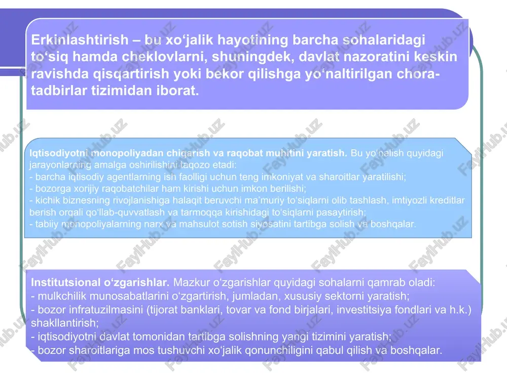 nlari amalga oshiriluvchi tarixiy davrdir. 1980-1990 yillarga kelib dunyoda ro’y bergan muhim o’zgarishlar iqtisodiy taraqqiyot istiqbollari to’g’risidagi nazariyalarni qaytadan ko’rib chiqish va ularga jiddiy o’zgartirishlar kiritishni zarur qilib qo’ydi. chunki, bu vaqtga kelib g’arbiy mamlakatlarda uzoq vaqtdan beri (a.smit davridan boshlab) hukm surib kelgan erkin iqtisodiy tartibga solish, ya’ni iqtisodiyotning o’zini-o’zi tartibga solish g’oyasi ham, iqtisodiyotni markazlashtirilgan tarzda tartibga solish va boshqarish g’oyasi ham inqirozga uchradi. bunday sharoitda iqtisodiy taraqqiyotning sifat jihatdan yangi yo’llarini qidirib topish zarur bo’lib qoldi. bu vaqtga kelib ko’pgina rivojlangan mamlakatlarning tajribalari umumlashtirilib, iqtisodiyotning yangi taraqqiyot yo’li - ongli ravishda boshqariladigan va tartibga solinadigan bozor iqtisodiyoti, deb tan olindi va aksariyat davlatlar shu yo’lni tanladilar. lekin bunday bozor iqtisodiyotiga o’tish yo’llari (modellari) xilma-xil bo’lib, ularning umumiy va xususiy tomonlari farqlanadi. jahon tajribasida bozor iqtisodiyotiga o’tishning barcha yo’llari birlashtirilib, quyidagi uchta asosiy turga bo’linadi: 1) rivojlangan mamlakatlar yo’li; 2) rivojlanayotgan mamlakatlar yo’li: 3) sobiq sotsialistiq mamlakatlar yo’li; …