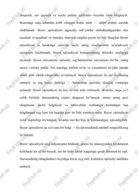 r iqtisodiyoti , madaniylashgan bozor iqtisodiyoti ilk bozor iqtisodiyoti kapitalning jamgʻarilishi davrida tovar-pul munosabatlarining rivojlanishi bilan asov iqtisodiyot sifatida paydo boʻlib, unga xususiy mulkning ozchilik qoʻlida toʻplanishi, iqtisodiyotda beboshlik va tartibsizlikning ustunligi, raqobatning qonunqoidasiz borishi, davlatning iqtisodiyotdan chetlashib qolishi, chuqur iqtisodiy tangliklarning tez-tez yuz berishi, aholining ijtimoiy himoya qilinmasligi, kishilarning oʻta boy va oʻta qashshoq tabaqalarga ajralishi, ijtimoiy ziddiyat kabi belgilar xos boʻlgan. asov iqtisodiyot rivojlanish orqali maʼrifatli iqgisodiyotga oʻsib oʻtadi. bunday oʻzgarish bozor iqtisodiyoti rivojlangan mamlakatlarda 20-asrning 30- yillarida boshlanib, 80- yillarga qadar davom etdi. hozirgi bozor iqtisodiyoti madaniylashgan iqtisodiyot boʻlib, unga quyidagi belgilar xos: mulkiy xilmaxillik, tartiblanadigan iqtisodiyot, davlatning iqtisodiyotga aralashuvi, madaniy va xdpol raqobat, kuchli hamkorlik aloqalari, iqtisodiy tangliklarning qisqa davrda va yengil kechishi, ommaviy farovonlik, ijtimoiy tabaqalanishning chuqur boʻlmasligi, oʻziga toʻq va farovon yashovchi oʻrtahol tabaqa mavqeining oshib borishi, ijtimoiy muvozanatning saqlanishi va fuqaroviy toʻqnashuvlarga oʻrin qolmasligi va boshqa bu belgilar hozirgi bozor iqtisodiyoti ni harakterlaydi, …