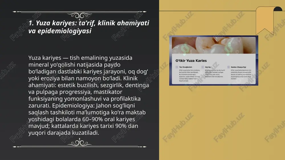 ydai_bot 7. radiologik va vizual diagnostika usullari (yuzaki kariyesni aniqlash) yuzaki kariyesni aniqlashda vizual va radiologik usullar: tozalash, quruqlashtirish va yaxshi yoritish bilan og‘zaki ko‘zdan tekshirish; icdas tizimi (kod 0–6, yuzaki kariyes boshlang‘ich 1–2) va nyvad mezonlari. optik usullar: foti (fiber-optik transilluminatsiya), qlf (quantitative light-induced fluorescence), diagnodent (laser fluorescence). radiografiya: bitewing rentgenogramma approximal lezyonlarni va raqamli rvgni ko‘rsatadi; radiografiya emal darajasidagi lezyonlarda sezgir emas, cbct odatda kerak emas. ... t.me/slaydai_bot yuza kariyesni mikrobiologik va laborator tekshiruvlari: plaka va salivadan namuna olish; streptococcus mutans va lactobacillus uchun msb va rogosa o'stirish muhiti; koloniyalarning cfu hisoblanishi, s.mutans >10^6 cfu/ml yuqori karies riski; pcr bilan bakterial dna identifikatsiyasi; salivarning ph o'lchami, ph 0.7 ml/min) baholanishi; antibiotik sezgirlik va ferment faolligi testlari. yuza kariyes.oʻtkir va surunkali yuza kariyes klinikasi .har bir shaklni tashxislash va qiyosiy tashxislash.kasallik tarixini yozish.yuza kariyesni klinik kechishi va shaklga qarab oʻzgarishi roʻziyev jasurbek e'tiboringiz uchun raxmat! image1.png image2.png image3.png image4.jpg …
