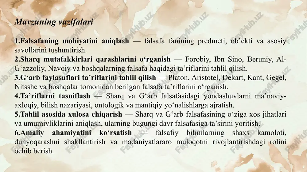 aton falsafani “haqiqatni sevish va unga intilish” deb izohlagan. unga ko‘ra, falsafa ruhni sof bilim sari yo‘naltiradi, insonni moddiy dunyodan g‘oyalar dunyosiga olib chiqadi. aristotel esa falsafani “borliqning eng umumiy sabablarini o‘rganadigan ilm” deb hisoblagan. u falsafani barcha fanlarning asosi deb bilgan va uni “metafizika” deb atagan. rene dekart falsafaning markaziga aql va shubhaga asoslangan bilish jarayonini qo‘ygan. uning mashhur gapi: “men o‘ylayman, demak, men mavjudman” — falsafaning bilish nazariyasidagi burilish nuqtasidir. immanuil kant falsafani inson aqli va bilish imkoniyatlarini o‘rganadigan fan deb bilgan. u falsafaning vazifasi “inson aqlining o‘z chegaralarini bilish” deb ta’kidlaydi. gegel esa falsafani “ruhning o‘zini anglash jarayoni, borliqning mantiqiy tizimi” deb izohlagan. u dialektik uslubni ishlab chiqib, rivojlanishni qarama-qarshiliklar kurashi orqali tushuntirgan. sharq mutafakkirlari qarashlari (faktlar va misollar bilan) sharq falsafasi qadimdan insonni ma’naviy poklik, adolat va komillik sari yetaklashni maqsad qilgan. u diniy va axloqiy qadriyatlar bilan uzviy bog‘liq. abu nasr forobiy (870–950) u “falsafaning …