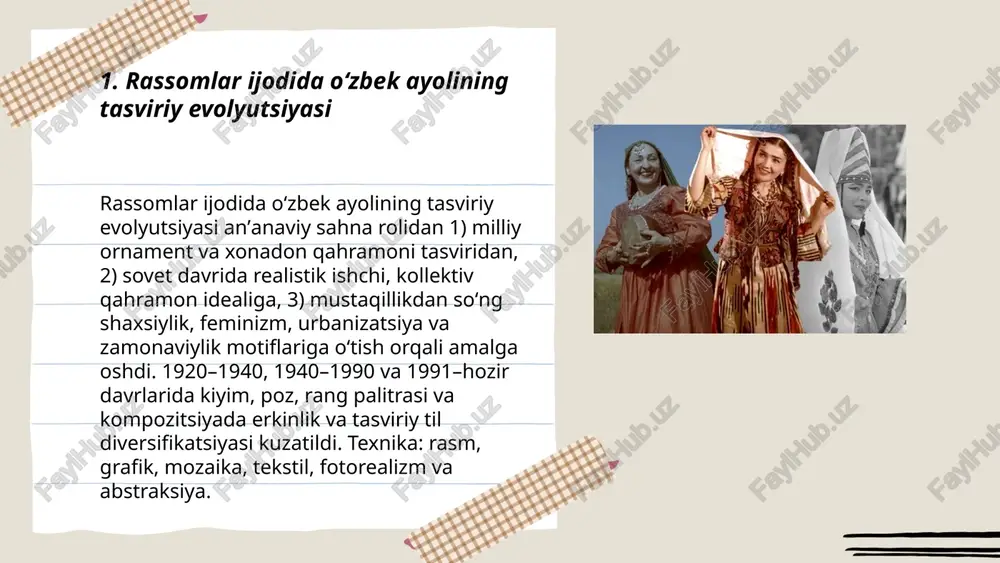. rassomlar portret, haykaltaroshlik, dekorativ sanʼatda oilaviy marosimlar, mehnat va tarbiya mavzularini tadqiq qilib kelmoqda. ... t.me/slaydai_bot kompozitsiya: markaziy figura, uchburchak tuzilma, qiyofa va qoʻllarning ritmi, koʻz qarashi bilan diqqat markazini belgilash. fon: milliy naqshlar, soddalashtirilgan detallar yoki neytral ranglar orqali kontrast yaratish. rang va yorugʻlik: iliq tonlar, kontrastli soya va yorugʻlik yordamida hajm tuygʻusi; chiaroscuro elementlari. matraga va kiyimga eʼtibor: ornament va tekstura qatlamlari, nozik choʻtkacha ishlatish. texnikalar: moy boʻyoq, akvarel, grafik va aralash texnika; glazing, impasto va qatlamlash yordamida yuz ifodasi va teri teksturasini berkitish yoki taʼkidlash. ... t.me/slaydai_bot xalq bezaklari va ornamentlar rassomlar ijodida ayol obrazini milliy identitet, ma’naviyat va estetik kodlar orqali ifodalaydi. anʼanaviy naqshlar (gul, yulduz, pulpa, romb) libos, maroq va fon orqali ayolga oila, nikoh, farovonlik, himoya ramzlarini beradi. ranglar — qizil ehtiros, ko‘k mehr va soflik, oltin esa obro‘ni belgilaydi. ornament kompozitsiyani muvozanatlaydi, yuz va qo‘llar detallarini bezatadi, mintaqaviy identifikatsiyani taʼkidlaydi va zamonaviy …