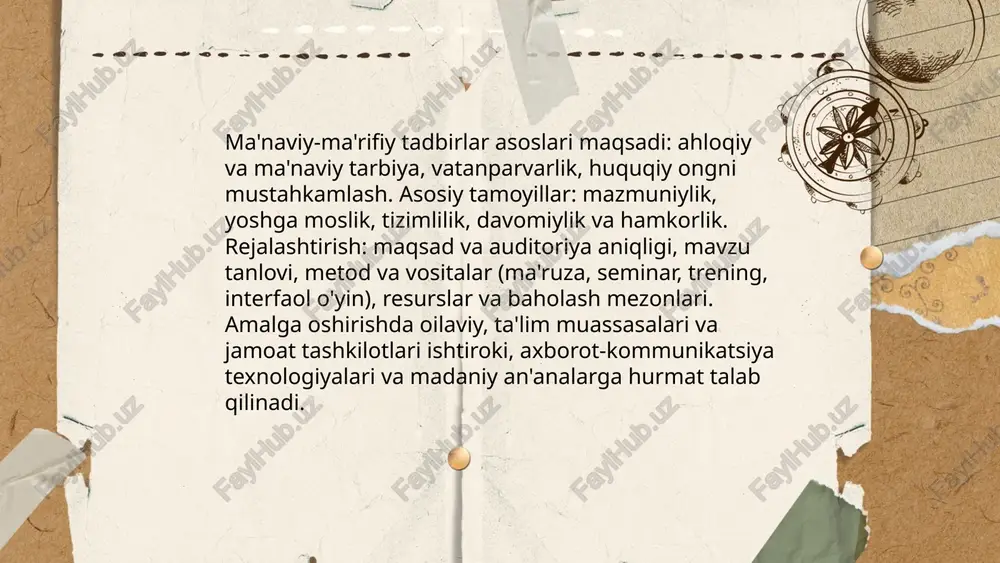 ydai_bot ta'lim muassasalarida ma'naviy-ma'rifiy soatlar va davralar maqsadi 5 ta asosiy yo'nalishda axloqiy tarbiya vatanparvarlik milliy qadriyatlar huquqiy ong va madaniyatni shakllantirish. tashkiliy format 30–45 daqiqa dars 1 haftada 1–2 marta sinf yoki 20–30 ishtirokchi. metodlar ma'ruza suhbat case-tadqiqot loyihaviy ish ijodiy mashg'ulot. baholash 3 mezon orqali ishtirok va loyihalar natijasi. kutilayotgan natija axloqiy barqarorlik ijtimoiy faollik va milliy identitetning mustahkamlanishi manaviy marifiy tadbirlar jumanazarova oqilaxon e'tiboringiz uchun raxmat! image1.png image2.png image3.png 1 ve yea s 2 e@eawmwterwwe-ese w9 @ww-= 2 = @& /docprops/thumbnail.jpeg