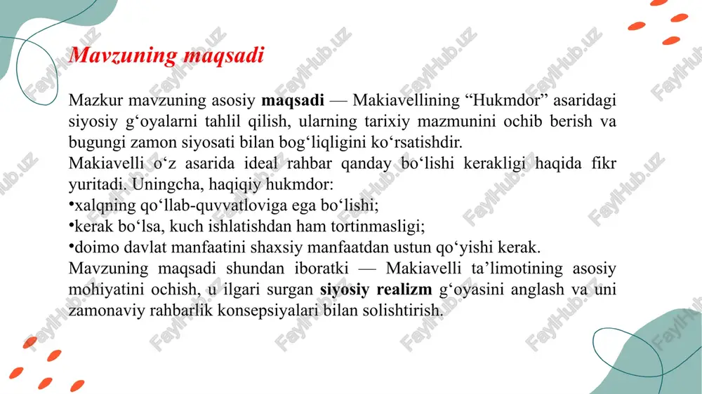 ndan iboratki, u siyosiy hayotda inson tabiatan o‘z manfaatini ko‘zlaydi degan fikrni ilgari suradi. shuning uchun hukmdor ham doimo: ehtiyotkor, dono, xalq ishonchini yo‘qotmaslikka harakat qiluvchi, lekin kerak bo‘lganda qat’iyatli va kuch ishlatishga tayyor bo‘lishi kerak. u rahbarning obrazini bo‘ri va tulki sifatida ifodalaydi: bo‘ri — kuch va jasorat timsoli, tulki — aql va hiyla timsoli. haqiqiy hukmdor shu ikki fazilatni uyg‘unlashtirgan shaxs bo‘lishi lozim. faktlar va misollar asar yozilgan davr haqidagi tarixiy faktlar makiavelli “hukmdor” asarini 1513-yilda yozgan, bu paytda italiya mayda shahar-davlatlarga bo‘linib ketgan edi (florensiya, milan, venetsiya, rim va boshqalar). makiavelli siyosiy faoliyatdan chetlatilgach, medichi sulolasiga qayta hokimiyatga kelishda yo‘l-yo‘riq sifatida asarni bag‘ishlaydi. asar 1532-yilda, makiavelli vafotidan besh yil o‘tib nashr qilinadi. bu holatlar shuni ko‘rsatadiki, “hukmdor” siyosiy hokimiyat uchun kurash kuchli bo‘lgan tarixiy muhitda yozilgan. xulosa nikollo makiavellining “hukmdor” asari — siyosiy tafakkur tarixida yangi davrni boshlab bergan, juda chuqur mazmunli asardir. u siyosatni faqat axloqiy …