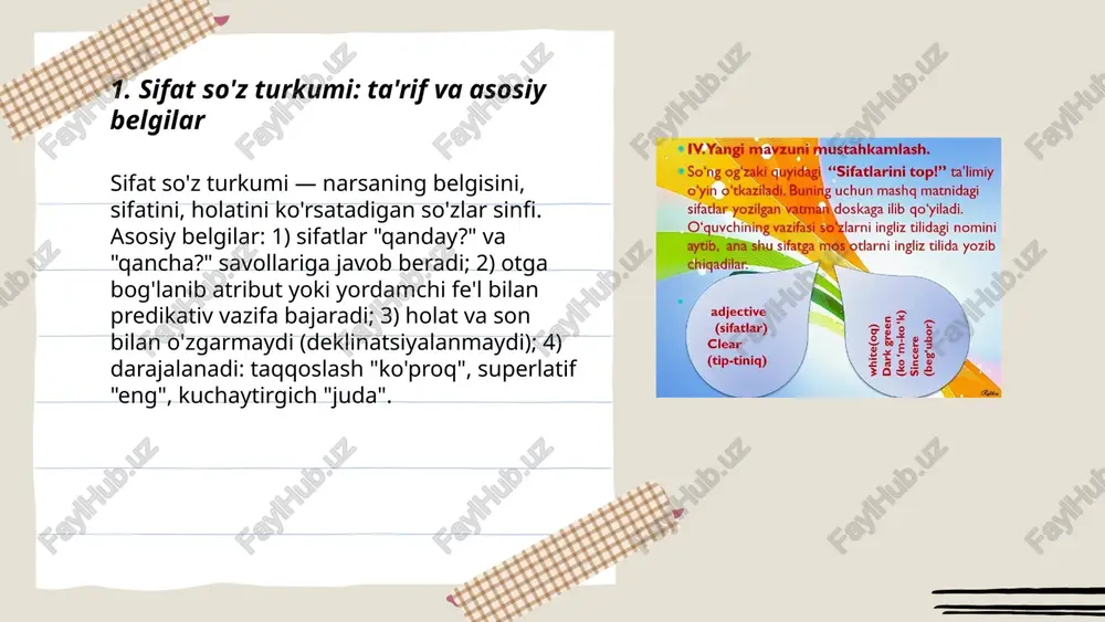 siyatlari (komparativ/superlativ hosilalari); leksik aniqlik yoki noaniqlik, madaniy-simvolik yondashuvlar bilan bog'liqligi. ... t.me/slaydai_bot shakl va o'lchamni bildiruvchi sifatlar narsaning tashqi ko'rinishi va miqdorini ifodalaydi. shakl sifatlari: dumaloq, to'g'ri, burchakli, uchburchak, kvadrat, silindrsimon. o'lcham sifatlari: katta, kichik, uzun, qisqa, baland, past, yirik, mayda, tor, keng. ko'paytirish: -roq shakli (katta→kattaroq). odatda sifat otdan oldin keladi: katta uy, uzun yo'l; sifat predikat sifatida ham ishlatiladi: uy katta. ... t.me/slaydai_bot 10. baho va emotsional ma'no bildiruvchi sifatlar baho va emotsional ma'no bildiruvchi sifatlar ob'ekt yoki hodisaga baho yoki his-tuyg'uni ifodalaydi. baho sifatlari ijobiy yoki salbiy hukm beradi: ajoyib, yomon, foydali, zararli, zo'r. emotsional sifatlar sub'ektiv taassurot, ta'sir va kayfiyatni ko'rsatadi: g'amgin, xursand, qo'rqinchli, mehribon, achinarli. ikkalasi ham otni aniqlaydi, gap ohangini belgilaydi, kontekstga qarab kuchi gradatsiyalanadi va qo'shimchalar, intonatsiya yoki so'z birikmalari bilan mustahkamlanadi. ... t.me/slaydai_bot sifatning daraja ma'nolari uch turga bo'linadi: asosiy — predmet yoki holatning sifati oddiy ko‘rinishda ifodalanadi: katta, chiroyli. taqqosiy …