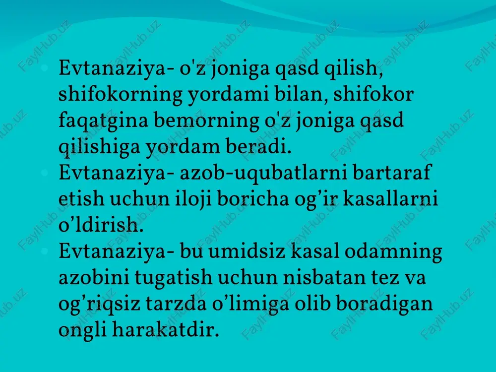 ushlab turgan asboblarning ishini to’xtatish yo'li bilan bemorning oz o'limini tezlatish hagidagi iltimosin1 ganoatlantirishdir. odatda bedavo kasallikka chalingan va buning natijasida chidab bo'lmas azob chekayotgan insonlarning iltimosiga amalga oshiriladi. kanadada yangi gonun loyihasiga ko'ra faqatgina kanadaliklar va mamlakatda doimiy yashovchilarga evtanaziyani (bemor yoki uning yaqinlari roziligi bilan bemorni og riglardan xalos etish uchun uni jonsizlantirish) go‘llashga ruxsat beriladi. bu haqda kanada hukumatidagi anonim xodimga iqtibos keltirgan holda associated press axborot agentligi xabar agentlikning ta’‘kidlashicha, shu tariga amerikaliklar kanadaga bu maqsadda kela olmaydilar. manbaning aytishicha, qonunning yangi varianti14 aprelda rasman taqdim gilinishi kerak edi. 2016 yil fevralda kanada oliy sudi og'ir va davolab bo'lmaydigan kasalliklar holatida shifokorlarga evtanaziya o'tkazishga ruxsat berdi. shu tariga 1993 yildan beri amal qilgan evtanaziyaga taqiglov bekor qilingan.
