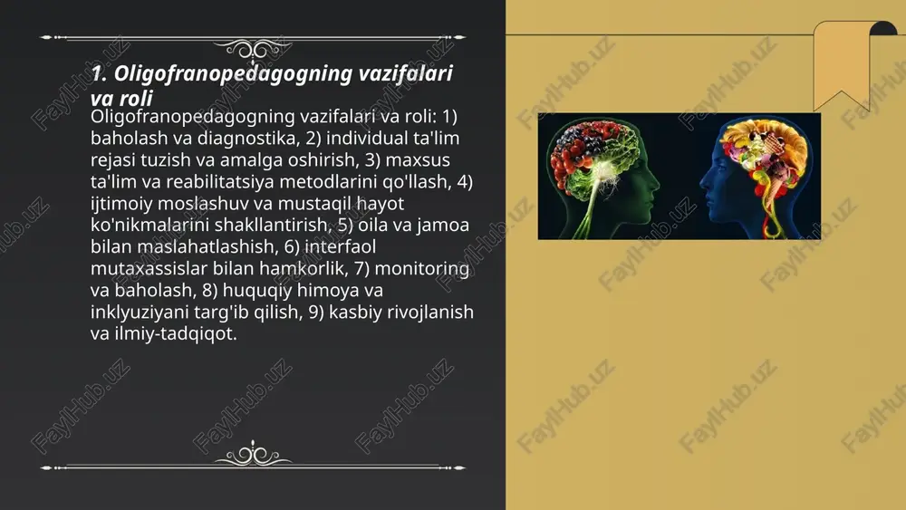 amlash; 5) baholash: kuzatuv, portfel, psixologik testlar. ... t.me/slaydai_bot sensorno-motorik rivojlanishni qoʻllab-quvvatlash uchun individual diagnostika va reja tuzish, turli sezgi stimullari bilan integratsiyalashgan mashqlar, katta va kichik motorikalarni rivojlantiruvchi faoliyatlar, muvofiqlashtirish va muvozanat mashqlari, qoʻl-motorik mahoratni oshirish uchun manipulativ oʻyinlar, pozitsion yordam va ortopedik moslamalar, oilani oʻqitish va uy sharoitida mashqlar, jismoniy va ergo-terapevtlar bilan hamkorlik, xavfsiz muhit yaratish hamda progressni muntazam monitoring qilish. oligofranapedagog faoliyati jumanazarova nigora e'tiboringiz uchun raxmat! image1.png image2.png image3.png image4.jpg image5.jpg image6.jpg image7.jpg presentation theme od . soy let’s jump in! ==> aa “ss wihe~s /docprops/thumbnail.jpeg