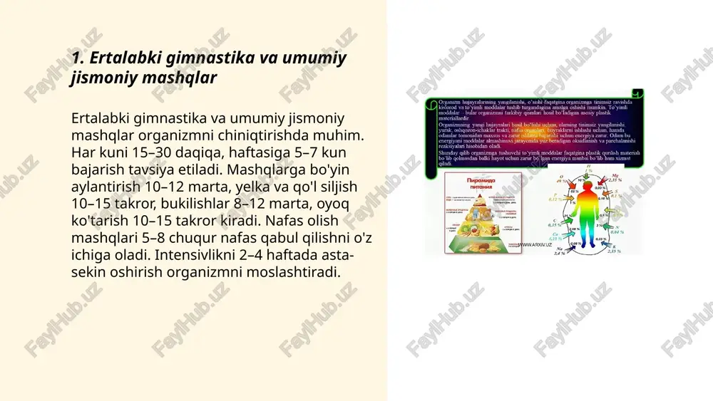 't, qum, loy, qirg'oq va tosh yuzalarda yurish qon aylanishini yaxshilaydi, oyoq mushaklarini mustahkamlaydi va proprioseptsiyani oshiradi. boshlanishda 5–10 daqiqa bilan boshlash, sekin 20–30 daqiqagacha oshirish tavsiya etiladi. turli teksturalar nerv tugunlarini stimulyatsiya qiladi, muvozanat va posturani yaxshilaydi, stressni kamaytiradi. yaralar, yallig'lanish, og'ir yurak kasalligi yoki diabetda shifokor bilan maslahatlashmasdan amalga oshirmang. gigiyena, toza yuzalar va ehtiyotkorlik zarur. organizmni chiniqtirish usullari shoyimova zuhro e'tiboringiz uchun raxmat! image1.png image2.png image3.png image4.jpg image5.jpg image6.jpg image7.jpg organizm hujayralarining yangilanishi, o’sishi faqatgina organizmga tinimsiz ravishda kislorod va to’yimli moddalar tushib turgandagina amalga oshishi mumkin. to’yimli moddalar — bular organizmni tarkibiy qismlari hosil bo’ ladigan asosiy plastik materiallardir. ; organizmning yangi hujayralari hos lis i i ink yangil yurak, oshqozon-ichaklar tra i arni ishlashi uchun, hamda odamlar tomonidan maxsus va zz 8 a uchun cnergiya zarur. odam bu iyani moddalar almashinuvi eradigan oksidlanish va parchalanishi alari hisobidan oladi. =~ . tik qurilish materiali qolmasdan balki …