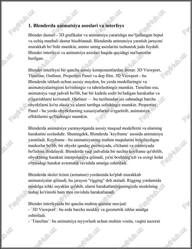 rdir. ushbu kadrlar asosida qolgan kadrlar (interpolatsiya) hosil qilinadi, ular obyektning bir kalit kadrdan ikkinchi kalit kadrga o‘tish jarayonini ifodalaydi. kalit kadrlar asosan uchta asosiy bosqichda qo‘llaniladi: 1. **boshlang‘ich va tugatish holatlarini belgilash**: birinchi va oxirgi kalit kadrlar animatsiya boshlanadigan va tugaydigan holatni belgilaydi. masalan, agar biz to‘pning sakrashini tasvirlayotgan bo‘lsak, boshlang‘ich kadr to‘pning erdagi holatni ko‘rsatadi, tugatish kadr esa to‘pning havodagi yuqori nuqtasida bo‘lgan holatini aks ettiradi. 2. **oraliq kadrlarni yaratish**: kalit kadrlar orasidagi holatlarni aniqlash uchun oraliq kadrlar yaratiladi. bu jarayon avtomatik ravishda kompyuter dasturlari tomonidan amalga oshiriladi, bu esa animatorlarning ishini sezilarli darajada yengillashtiradi. 3. **harakatning aniqligini sozlash**: kalit kadrlar orasidagi interpolatsiyani sozlash uchun animatorlar "easing" deb ataladigan texnikadan foydalanadilar. bu texnika harakatning sekinlashishi yoki tezlashishini ta’minlab, harakatni tabiiyroq ko‘rsatishga yordam beradi. kalit kadrlar ular qo‘llaniladigan soha va texnikaga qarab turlicha bo'lishi mumkin: - **2d animatsiya**da kalit kadrlar odatda chizmalar orqali yaratiladi. masalan, har bir kalit kadr …