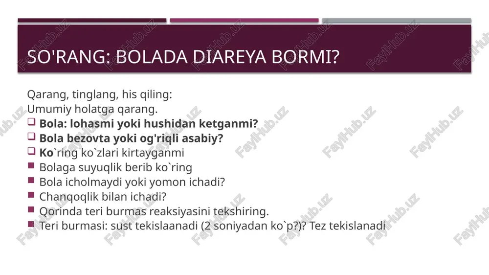 qatlamlarini bosh va ko'rsatkich barmog'i o'rtasida mahkam ushlang. qo'lingizni shunday joylashtiringki, teri burmasi bolaning tanasiga perpendikulyar emas, parallel ravishda o'tadi. buklanishni bir soniya ushlab turing va keyin barmoqlaringizni oching. barmoqlaringizni ochganingizda, terining burmasi qanday tekislanishini kuzating: - juda sekin (2 soniyadan ortiq) - sekin (teri burmasi juda qisqa vaqtgacha saqlanib qoladi) - darhol diareyani qanday tasniflash mumkin belgilar tasniflang quyidagi belgilarning ikkitasi: 􀁺bola lohas yoki hushsiz 􀁺 ko`zlar cho`kkan 􀁺 icholmaydi yoki emolmaydi 􀁺teri burmasi sekin tekislanadi og'ir suvsizlanish quyidagi belgilarning ikkitasi: 􀁺 bezovta, betoqat 􀁺 ko`zlari chokkan 􀁺 chanqoqlik bilan ichadi, chanqoq 􀁺 teri burmasi sekin tekislanadi o'rtacha suvsizlanish belgilari etarli emas o'rtacha yoki og'ir suvsizlanish sifatida tasniflanadi suvsizlanish yoq og'ir suvsizlanishni boshqarish og'ir suvsizlanish uchun oral regidratatsiyasi jadvali (b rejasi) agar bola boshqa jiddiy tasnifga ega bo'lsa: - tez-tez qultumlarda ona ors berish kerak, yo'lda, kasalxonaga shoshilda murojaat qiling. onaga emizishni davom ettirishni maslahat bering. o`rtacha suvsizlanish ─ …