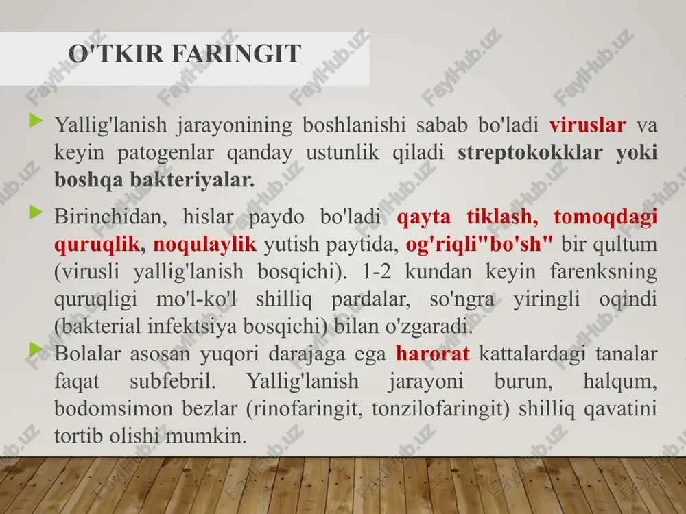 ish kasallikning rivojlanishiga olib kelgan: burun nafasini tiklash (burunning burishgan septumini olib tashlash, adenotomiya va boshqalar).; infektsion o'choqlarini sanitarizatsiya qiling, faringitning rivojlanishiga sabab bo'ladi (og'iz, burun va paranasal sinuslarning sanatsiyasi). agar faringitni qo'llab-quvvatlaydigan ichki organlarning kasalliklari aniqlansa, ularni davolash kerak kataral va hyeprtrofik faringitni davolash kataral va gipertrofik shakllarda pishirish soda va oshpazning 1-2% eritmasi bilan yuvish qo'llaniladi. tuz, avliyo ioann wort damlamasi (1 stakan suv uchun 1 choy qoshiq): moylash uchun lugol eritmasi, yodinol ishlatiladi. shuningdek, propolis fonoforezi, 1% dekaris eritmasi bilan nafas olish buyuriladi. granulalar klasterlari trikloroatsetik kislotaning 40% eritmasi bilan katerlanadi, konxotom bilan kesiladi, galvanokaustika, kriyodestruksiya yoki lazer koagulyatsiyasi amalga oshiriladi surunkali faringitning atrofik shakli bilan yuvish yoki qo'llash uchun 1% yodinol eritmasi, bikarmint (1 stakan suv uchun 2 tabletka) ishlatiladi. farenksni propolisning alkogolli glitserin eritmasi bilan moylash qo'llaniladi. ichkarida 3% kaliy yodid eritmasi buyuriladi (kuniga 3 marta, 1 osh qoshiq sut bilan). bundan tashqari, bemorlarga gidroksidi …