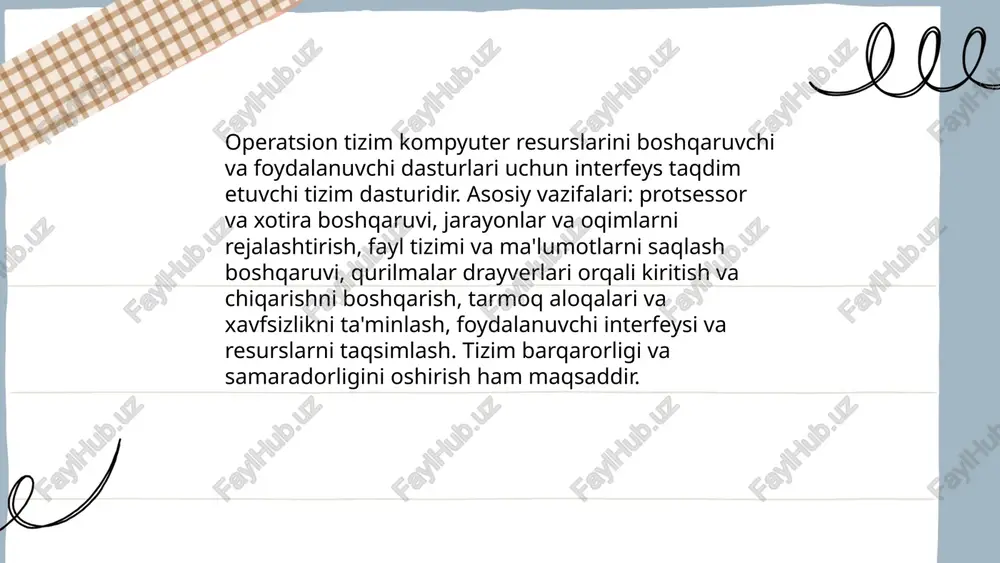 s. ... t.me/slaydai_bot real-vaqt operatsion tizimlari (rtos) belgilangan vaqt chegaralarida javob beradigan tizimlardir. asosiy xususiyatlari: deterministik ishlash, past latentsiya, minimal jitter, ustuvorlik asosidagi preemptiv rejalashtirish. turlari: qattiq (hard) va yumshoq (soft) real-vaqt. rejalashtirish algoritmlari: rate monotonic, earliest deadline first, priority inheritance. resurslar boshqaruvi: semaforlar, mutexlar, interprocess kommunikatsiya va interruptlar. misollar: freertos, vxworks, qnx. qo‘llanilish sohalari: sanoat avtomatikasi, avtomobil elektronikasi, tibbiy uskunalar. operatsion tizimlar va ularning turlari xaliljonova guldasta e'tiboringiz uchun raxmat! image1.png image2.png image3.png /docprops/thumbnail.jpeg
