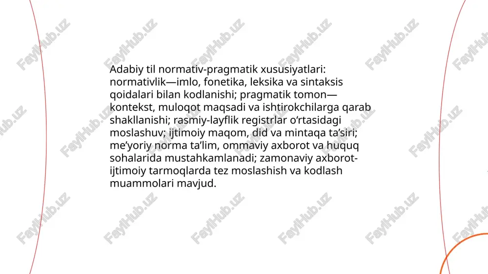 lashtirishga salbiy taʼsir, nlp va avtomatik korpuslar uchun xatoliklar, bir xil qoidalar, taʼlim va texnik qoʻllab-quvvatlash zarur. ... t.me/slaydai_bot adabiy tilning stilistik normasi — badiiy va rasmiy-uslubiy muloqotda to‘g‘ri, aniqlik va estetik uyg‘unlikni ta’minlaydigan qoidalar va uslublardir. vazifalari: 1) ifoda aniqligi; 2) kommunikativ moslik; 3) estetika va adabiy merosni saqlash. internet-stilistika xususiyatlari: tezkorlik; qisqartmalar va akronimlar; emojilar va stikerlar; kod aralashuvi va leksik novatorlik; orfografik va punktuatsion o‘zgartirishlar; multimodal elementlar; hashtag va taglash; register aralashuvi. internet uslubi adabiy normaga bosim ko‘rsatadi, lekin normativ kafolat va stilistik identifikator sifatida qoladi. xususiy me’yor ko’rinishlari: adabiy til, dialekt va shevalar, ijtimoiy tarmoqlar rahimjonova ruxshona e'tiboringiz uchun raxmat! image1.png image2.png image3.png /docprops/thumbnail.jpeg