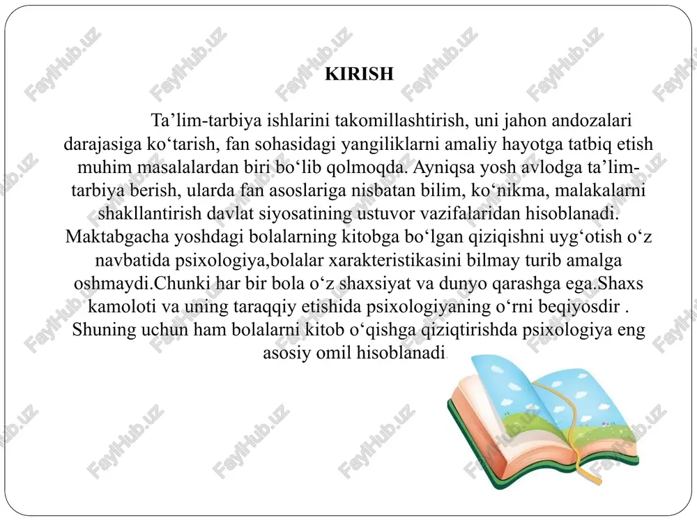 birgalikda kitobxon haqida to‘liq ma’lumot bera oladigan bo‘lish lozim. shunday qilib biz yosh kitobxonning qiziqishi va talablarini o‘rganish bilan birga uning o‘zini ham o‘rganamiz. zero, kitobxonning qiziqishi, talabi uni o‘rab turgan muhit (oila, maktabgacha ta’lim muassasasi, o‘rtoqlari) bilan munosabatini qo‘shib o‘rganishga, u haqda to‘liq ma’lumot beradi. xulosa kitob haqida suhbatlashayotganda kiobni ko'rsatish, uning muallifi, rasmlari ba'zi joylarida o'qib berish ham mumkin bu esa suhbatini jonli o'tishiga yordam beradi. ko'pgina maktabgacha yoshdagi bolalar qiziqarli kitoblar berishini so'raydilar. tarbiyachi esa bola qiziqqan na^alai haqida u bilan birgalikda eslaydi, shundan so'ng qiziqishiga asoslanib, unga mos keladigan kitobni tavsiya etadi. buni nazaráa tutib kutubxonaga kitobxon bilan suhbatini, kitobda nimalar bayon qilingan ekan? "degan umumiy savoldan emas, balki kitobdan uning uchun eng qiziqarii narea nimaligini so'rashdan boshlaydi va asta -sekin undan kitobni qanchalik tushunchanini bilib oladi. zarur bo'lgan taqdirda unga muallif fikrini anglashga, qahramon xarakterini tushunishiga yoráam beradi, muhimi epizodni kitobxon bilan birgalikda o'qiydi, berilgan …