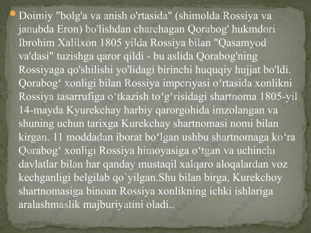 toshlar bilan o‘ralgan qilich sovg‘a qildi. kurekchoy shartnomasida ham, uning qonuniy davomi sifatida ham – 1806-yildagi imperatorning mehdi quli og‘ani qorabog‘ning hukmdori etib tayinlash haqidagi farmon chiqargan. birinchi rus-eron urushi (1804-1813) natijasida 1813-yil 24-oktabrda (5-noyabr) qorabog‘ning guliston qishlog‘ida guliston shartnomasi imzolandi. hujjatga koʻra, eron dogʻiston, gruziya, megreliya, imeretiya, guriya, abxaziya, shuningdek, ozarbayjon xonliklari: boku, qorabogʻ, ganja, shirvan, sheki, derbent, kuba va talishlarning rossiya tarkibiga oʻtishini tan olgan. ayni paytda napoleon ustidan qozonilgan g‘alaba rossiyaning sharq siyosatini keskinlashtirdi. 1816-yilda kavkaz gubernatori etib tayinlangan general a.p. yermolov birinchi kunlardanoq musulmon xalqini potentsial dushman sifatida ko'rib, ularga ishonmadi. shu sababli u har qanday vaqtda istiqlolchilik harakatining o‘zagiga aylanishi mumkin bo‘lgan xonliklarni rasman tugatish imkoniyatlarini izladi. bunda unga yermolovning shimoliy ozarbayjondagi vakili arman generali v.g.madatov faol yordam berdi. sekin-asta, lekin ishonch bilan ular rejalarini amalga oshirishira boshladi. 1819-yilda sheki xonligi tugatildi. mehdiqulixon rus bosimiga dosh berolmay eronga qochib ketadi va qorabog‘ xonligi rossiya viloyatiga …