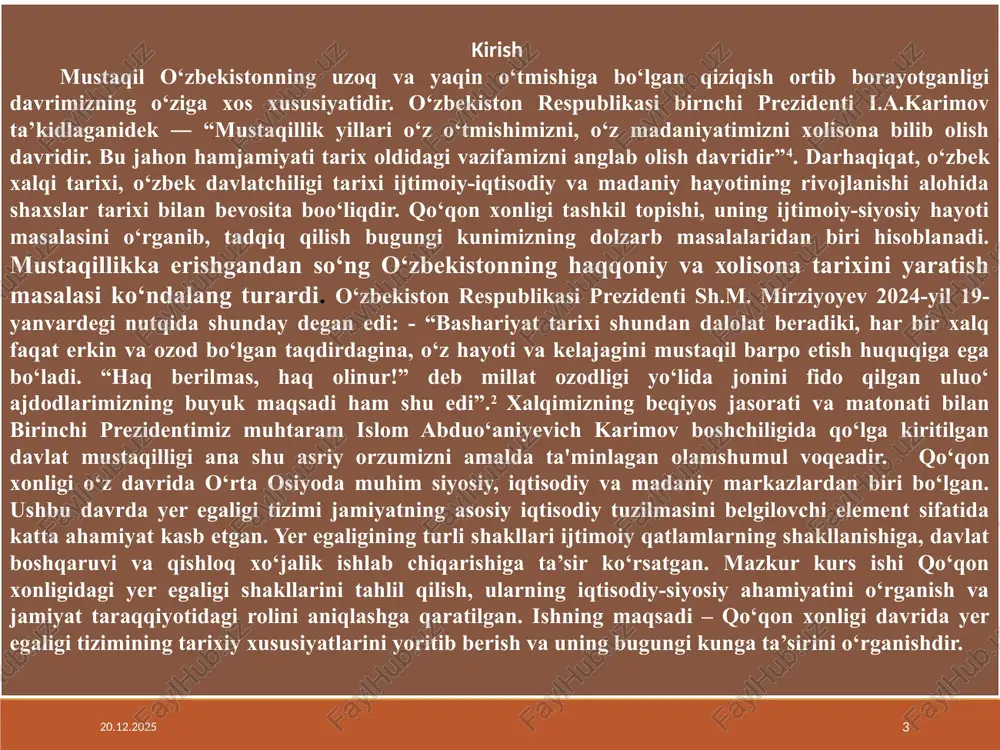 ga harakat qilib, minglar sulolasi tasarrufidagi yerlarni kengaytira boshladi. shohruhbiy hukmronligi davrida qo‘qon, namangan, maro‘ilon, konibodom, isfara va ularning atroflaridagi qishloqlar minglar sulolasi qo‘lida bo‘lgan. shohruhbiyning o‘g‘li va vorisi muhammad abdurahimbiy (1721-1733 yy.) taxtgao‘tirganidan so‘ng minglar tasarrufidagi yerlar yanada kengaya boshladi.abdurahimbiy 1724 yilda andijonni, 1725 yilda xo‘jandni, 1726 yilda o‘ratepani bosib olib, xonlik hududlariga qo‘shib oldi. u qisqa muddat bo‘lsa-da buxoroga qarashli samarqand va kattaqo‘ro‘onni egallab, shahrisabzga ham tahdid solgan. abdurahimbiy qo‘qon (xo‘qand) qishloo‘i o‘rni va atrofida yangi shaharga (dastlab qal’ai rahimbiy deb nomlangan, keyin esa qo‘qon) asos soladi va bu shahar xonlikning poytaxtiga aylanadi. shohruhbiy-xonlik asoschisi 17.03.2025 5 farg'ona vodiysi buxoro xonligi tasarrufida edi. xviii asr boshlarida buxoro xonligi ichki kurashlar oqibatida zaiflashadi. bunday vaziyatdan foydalangan jung'arlar farg'ona vodiysiga tez-tez bostirib kirib, talon-taroj qila boshladilar. ming qabilasi yo'lboshchilaridan biri shohruhbiy hukmdor (1709-1721) deb e'lon qilinadi. 17.03.2025 6 dastlab chust yaqinidagi chodak qishlog'i xo'jalar jamoasi o'z mulklarini mustaqil deb e'lon …