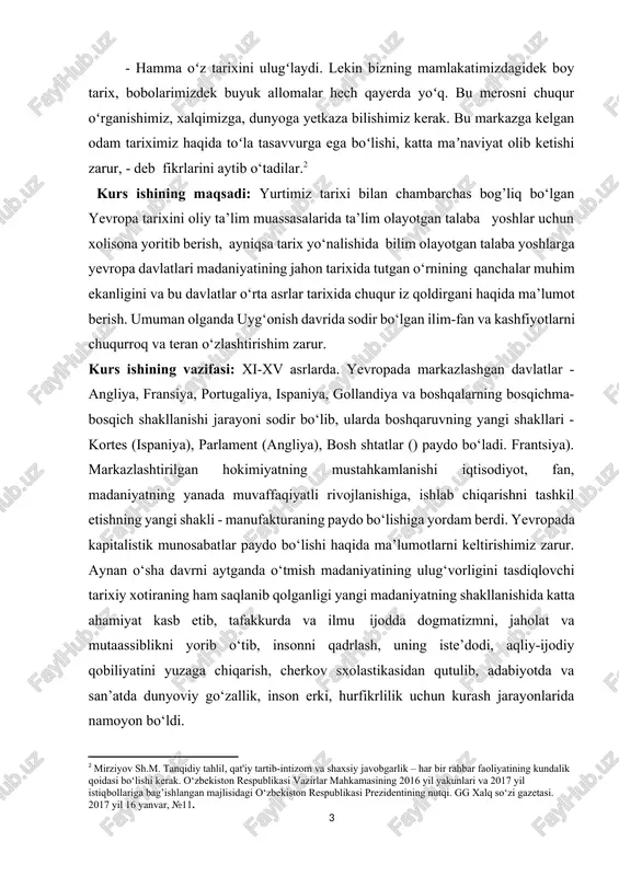 angliya, fransiya, portugaliya, ispaniya, gollandiya va boshqalarning bosqichma-bosqich shakllanishi jarayoni sodir bo‘lib, ularda boshqaruvning yangi shakllari - kortes (ispaniya), parlament (angliya), bosh shtatlar () paydo bo‘ladi. frantsiya). markazlashtirilgan hokimiyatning mustahkamlanishi iqtisodiyot, fan, madaniyatning yanada muvaffaqiyatli rivojlanishiga, ishlab chiqarishni tashkil etishning yangi shakli - manufakturaning paydo bo‘lishiga yordam berdi. yevropada kapitalistik munosabatlar paydo bo‘lishi haqida ma’lumotlarni keltirishimiz zarur. aynan o‘sha davrni aytganda o‘tmish madaniyatining ulug‘vorligini tasdiqlovchi tarixiy xotiraning ham saqlanib qolganligi yangi madaniyatning shakllanishida katta ahamiyat kasb etib, tafakkurda va ilmu ijodda dogmatizmni, jaholat va mutaassiblikni yorib o‘tib, insonni qadrlash, uning iste’dodi, aqliy-ijodiy qobiliyatini yuzaga chiqarish, cherkov sxolastikasidan qutulib, adabiyotda va san’atda dunyoviy go‘zallik, inson erki, hurfikrlilik uchun kurash jarayonlarida namoyon bo‘ldi. i bob xi-xv asrlarda yevropa madaniyati haqida umumiy tushuncha. 1.1 xristianlik – yevropa madaniyatining o‘zagi. o‘rta asrlarda feodal munosabatlarning shakllanishi ijtimoiy-siyosiy va madaniy hayotda keskin o‘zgarishlarni keltirib chiqardi. ayniqsa, diniy aqidalarning rasman tus olib, ko‘p xudolikdan yakka xudolik ― …