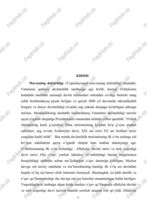 gan qiyinchiliklarini va yutuqlarini yetarlicha ma'lumot berish. 3.barcha masalalarni mujassamlashtirgan holda xulosalash va mantiqiy yakun yasash. kurs ishining strukturasi. kurs ishining strukturasi ya’ni tuzilishiga kelsak, kurs ishi kirish, asosiy qism, ikkita bob, xulosa, foydalanilgan adabiyotlar ro’yxati va ilovalardan iboratdir. shuningdek, har ikki bob o’z navbatida bir necha bo’limlarga bo’lingan. eftaliylar davlatlari — o’rta osiyo va unga qo’shni mamlakatlarda milodiy 5-asr o’rtasida barpo etilgan davlatlar: 1) o’rta osiyodagi eftaliylar davlati milodiy 5-asr oxiri — 6-asr boshida ravnaq topib, uning hududi hozirgi afg’onistonning katta qismi, o’rta osiyo va sharqiy turkistonning sharqiy va jan.sharqiy viloyatlarini o’z ichiga olgan. poytaxti balx hisoblanadi. uning asosiy negizini baqtriya toxariston tashkil etgan. shu yerdan turib eftaliylar qo’shni mamlakatlarga yurishlar qilganlar. eftaliylar sosoniylar eroni ustidan bir qancha janglarda zafar quchgan, janglardan birida sosoniylar shahanshohi peroz halok bo’lgan. u ko’p yillar mobaynida eftaliylarga katta miqdorda tovon to’lab kelgan edi. o’rta osiyodagi eftaliylar davlati bir qancha yarim mustaqil mulklarning konfederatsiyasidan …