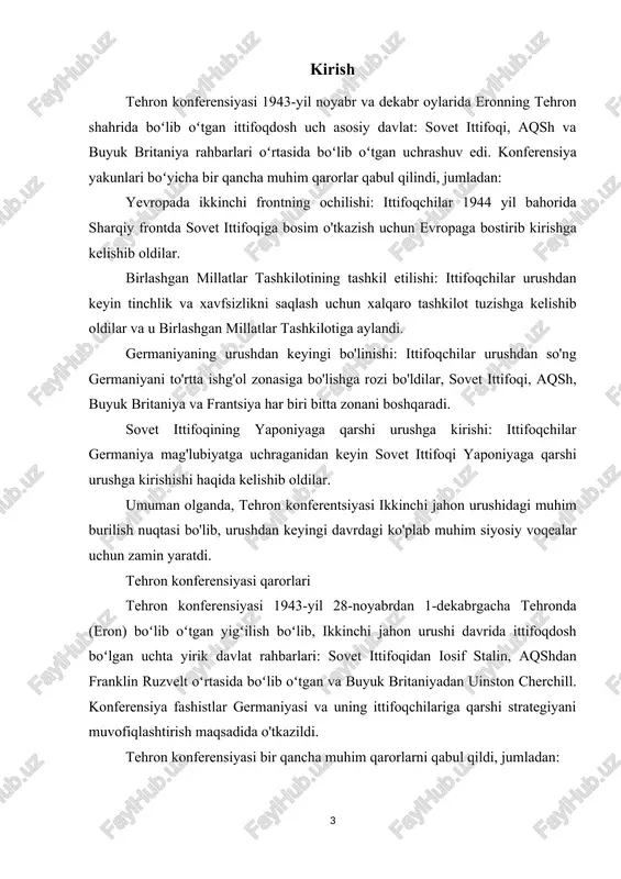 konferensiya o'tkazildi. bu konferensiya, 2-jahon urushi davomida eng katta siyosiy tadbirlardan biri hisoblanadi va keyinchalik sovet ittifoqi va sharq davlatlari orasidagi hamkorlikni kuchaytirishga yordam berdi. bu konferensiya o'zida, sovet ittifoqi va amerika qo'shma shtatlari prezidentlari, stalin va roosevelt orasida ko'p muzokaralar o'tkazildi. konferensiya natijalaridan biri, rossiyaga operatsiyalarni boshqarish uchun to'liq va o'zaro qo'llanishni belgilash va aqsh va britaniya kuchlarining sovet ittifoqi kuchlariga qarshi qurollanishga xavfsizligini ta'minlash bo'lgan "katta uchrashuv" shartnomasi yaratilishi bo'lgan. tehron konferensiyasida, keyinchalik asosan "big three" tomonidan ajoyib qarorlar qabul qilindi. bu konferensiya, sovet ittifoqi va sharq davlatlariga hamkorlikni kuchaytirish uchun asos bo'ldi va amerika va britaniya bilan birlashtirishga qaratilgan mamlakatlar orasida o'zaro aloqalarni kuchaytirish uchun ham mas'ul edi. tehron konferensiyasi, 2-jahon urushi davomida o'ziga xos o'zgartirishlarga olib kelgan va u davlatlararo munosabatlarni qayta tiklashda muhim ahamiyat kasb etgan bir tadbir edi. konferensiya, ilgari bor joyni qayta tiklash va konfliktning hal qilinishi uchun kerakli ko'rsatmalarni amalga oshirishga yordam …