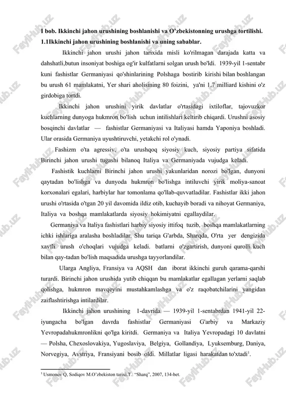 ya va sssrning hukmron doiralari, avvalo, adolf gitler va iosif stalindir. har ikkala bosqinchi saltanatchi davlat ham o’z oldiga bosh maqsad qilib dunyo hukmronligini qo’ygan edi. har ikkala bosqinchi davlat ham o’zining bosh strategiyaviy maqsadini amalga oshirish uchun har xil taktik usullar bilan bordi, biri ikkinchisidan ayyorlik qilishga intildi, turli yo’llar bilan o’z ch egaralari va ta'sir hududi doiralarinin k engaytirishga harakat qildi. ammo har ikkala tomon ham o’zaro ikki o’rtada dahshatli muhoraba bo’lishi muqarrar ekanligini yaxshi bilar edi. shu ma'noda 1939 yil 23 avgustda a.gitler va i.stalinning fatvosi bilan germaniya tashqi ishlar vaziri ribbentrob va sssr tashqi ishlar xalq komissari v.molotov o’rtasida 10 yil o’zaro hujum qilmaslik to’g’risidagi shartnomaning tuzilishi xarakterlidir. jahon jamoatchiligi bu shartnomani har ikki davlat tomonidan dunyoni o’zaro bo’lib olish maqsadlarini ko’zlab tuzilgan shartnoma sifatida qabul qildi. chunki shartnoma tuzilgandan so’ng germaniya o’zning asosiy raqibi sssrdan qo’lini bo’shatib oldi va oradan ko’p muddat o’tmasdan sentyabrda polsha …