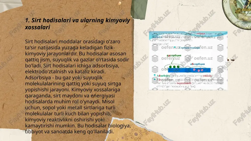 bartaraf etishda qo‘llaniladi. adsorbsiyaning biologik rollari fiziologik jarayonlarning silliq ishlashini ta’minlaydi. ... t.me/slaydai_bot adsorbsiyani miqdoriy o'lchash usullari qatoriga turli xil texnikalar kiradi. termogravimetrik analiz (tga) adsorbsiyani o'lchashda ishlatiladigan usullardan biri bo'lib, bu massani o'lchash orqali moddaning adsorbsiyasini aniqlash imkonini beradi. bet (brunauer, emmett, teller) metodi yuzani va adsorbsiya qilingan gaz hajmini o'lchaydi. spektroskopik usullar, masalan, uv-vis va ir spektroskopiyasi, molekulalarning o'zgarishini kuzatib boradi. adsorbsiyani sinash uchun zarrachalar hajmini o'lchash va porometrik analizlar ham ishlatiladi. har bir usul turli materiallar va sharoitlar uchun mos bo'lib, ulangan sohalarga bog'liq holda tanlanadi va bu genri jarayoni yanada chuqurroq tahlilni talab qiladi. ... t.me/slaydai_bot 7. adsorbsiyalanuvchi moddalarning kimyoviy xossalari adsorbsiyalanuvchi moddalarning kimyoviy xossalari ularning molekula tarkibi va yuzasi bilan bog‘liqdir. bu moddalar odatda yuqori yuzaga ega bo‘lib, ko‘p teshikli tuzilishga ega. masalan, aktivlangan uglerod keng tarqalgan adsorbent bo‘lib, hajmi bo‘yicha katta sirt maydoniga ega. bu ularning ko‘p miqdorda molekulalarni yuzasida tutishiga imkon beradi. kimyoviy …