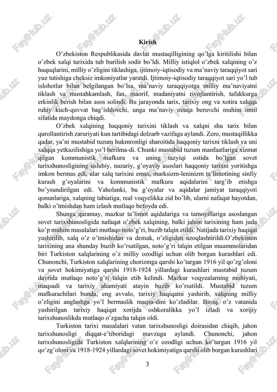 ashirilgan tarixiy haqiqat xorijda oshkoralikka yo’l izladi va xorijiy tarixshunoslikda mutlaqo o’zgacha talqin oldi. turkiston tarixi masalalari vatan tarixshunosligi doirasidan chiqib, jahon tarixshunosligi diqqat-e’tiboridagi mavzuga aylandi. chunonchi, jahon tarixshunosligida turkiston xalqlarining o’z ozodligi uchun ko’targan 1916 yil qo’zg’oloni va 1918-1924 yillardagi sovet hokimiyatiga qarshi olib borgan kurashlari qariyb 75 yil davomida o’rganilib kelindi, turli tillarda yaratilgan o’nlab maqola, monografiyalarga mavzu bo’ldi. bu boradagi izlanishlar 1991 yilga qadar ikki yo’nalishga bo’lingan: xorijiy tarixshunoslik va sovet tarixshunosligi. har ikki yo’nalishda mazkur tarixiy voqyealarning mohiyati, sabab va maqsadlari turlicha baholangan va aksariyat holda bu masalalar haqida bir-birini inkor etuvchi, o’zaro ziddiyatli qarashlar ilgari surilgan, murosasiz tortishuvlar hukm surgan. o’zbekistonning davlat mustaqilligi qo’lga kiritilishi bilan mamlakatda mustabid tuzum va unga xizmat qilgan mafkura barham topdi. ma’naviy hayot mafkuraviy kishanlar iskanjasidan xalos bo’ldi, oshkoralik va hurfikrlik sharoitida tarix fanida mutlaqo yangicha nazariy, uslubiy asoslar shakllana boshladi. ana shunday asoslarda rivojlanayotgan vatan tarixshunosligida bu masalalar katta …