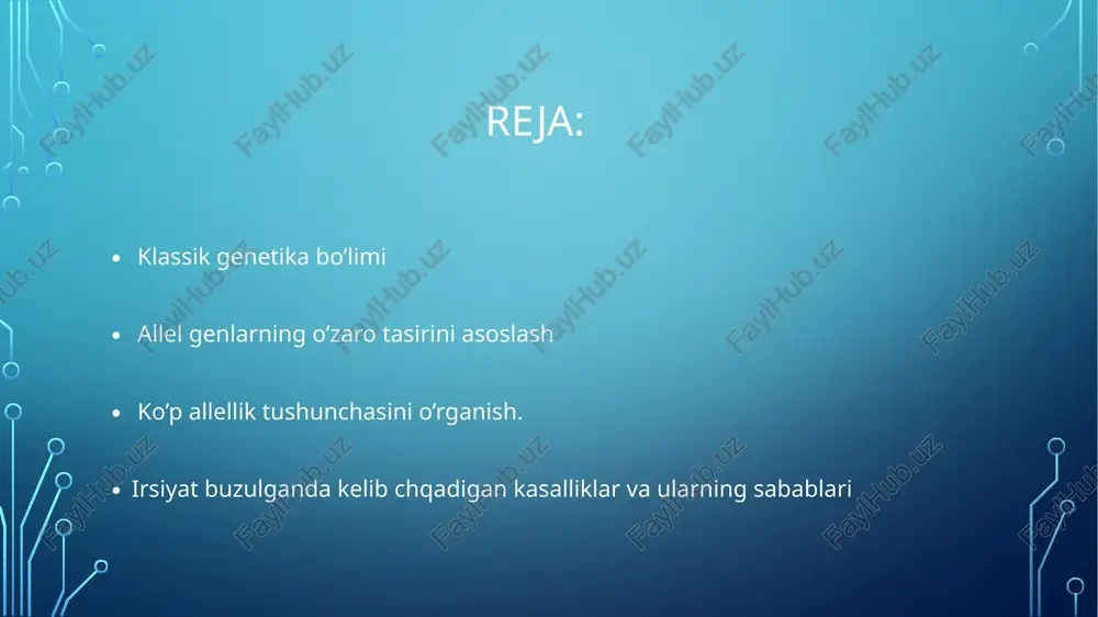 iya (meiozda xromosomalarning ajralmasligi). misollar: poliploidiya (odatda odamda yashashga yaramaydi). monosomiya va trisomiya holatlari sabablari 1. mutatsiyalar – dnkdagi tasodifiy o‘zgarishlar. 2. meiozdagi xatolar – xromosomalar noto‘g‘ri ajralishi. 3. irsi omillar – ota-onadan genetik nuqson bilan o‘tishi. 4. tashqi muhit omillari – radiatsiya, kimyoviy moddalar, viruslar. etiboringiz uchun rahmat image2.png image3.jpeg image4.jpeg tuneptenopu3m tmunotenopu3m /docprops/thumbnail.jpeg