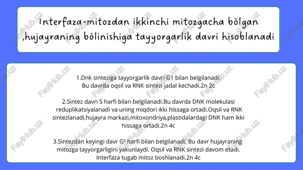 tozdan farqi shundan iboratki, bo'linayotgan hujayra gaploid to'plamga ega bo'ladi. anafaza ii da sen-tromera bilan birikkan xromatidlar bir-biridan ajraladi, shu vaqtdan bosh-lab xuddi mitozdagidek xromatidlar mustaqil xromosoma bo'ladi. telofaza il da xromosomalari gaploid to'plamga ega bo'lgan ikkita hujayra hosil bo'ladi. shunday qilib, meyoz natijasida har bir diploid to'plamli bosh-lang'ich jinsiy hujayraning ikki marta ketma-ket bo'linishi oqibatida 4 ta gaploid to'plamli yetuk jinsiy hujayralar - gametalar hosil bo'ladi. mitoz -jinssiz kopayish -2ta diploid toplamli hujayra -ona organizm bilan bir hil genotip va fenotip mitoz va meyoz farqlari mitoz va meyoz farqlari meyoz -jinsiy kopayish -4ta gaploid toplamli hujayra -ota va ona organizm ishtirokida genotip va fenotiplari har hil e'tiboringiz uchun raxmat♡ maxmudjanova zarina dnt 816u