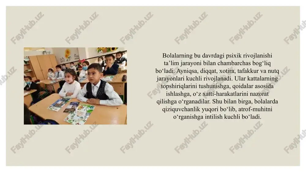 o‘lsa, bola o‘ziga ishonch hosil qiladi. ammo tanqid va salbiy baholash ko‘p bo‘lsa, bolaning o‘z-o‘ziga ishonchi pasayib, tortinchoqlik rivojlanishi mumkin. shu sababli tarbiyachilar muloyim va adolatli yondashishlari lozim. tengdoshlari bilan muloqot qilish bu davrda katta ahamiyat kasb etadi. bola sinfdoshlari bilan do‘stlashadi, jamoada ishlashni o‘rganadi. hamkorlik, yordam, raqobat kabi ijtimoiy munosabatlar shakllanadi. shu jarayonda ijtimoiy qoidalar va me’yorlarga amal qilish ko‘nikmasi hosil bo‘ladi. bu esa keyingi ijtimoiy hayot uchun mustahkam poydevor yaratadi. kichik maktab yoshida bolalarning individual farqlari yaqqol ko‘zga tashlanadi. kimdir tez o‘rganadi, kimdir esa sekinroq. kimdir matematika fanida kuchli bo‘lsa, boshqasi adabiyot yoki san’at sohasida muvaffaqiyatli bo‘lishi mumkin. o‘qituvchi bu farqlarni inobatga olib, har bir o‘quvchiga individual yondashishi lozim. o‘qituvchi va ota-onalar bolaning qobiliyatlarini rivojlantirishda asosiy rol o‘ynaydilar. o‘quvchilarni rag‘batlantirish, qiziqishlarini qo‘llab-quvvatlash va qiyinchiliklarda yordam berish ularning ijobiy rivojlanishini ta’minlaydi. shu bilan birga, bolani haddan tashqari zo‘riqtirmaslik ham muhimdir. chunki ortiqcha talab bolaning o‘qishga bo‘lgan qiziqishini susaytirishi mumkin. …