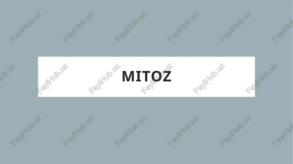 yralar bir-biridan ota va ona xromosomalar genlar yig‘indisi jihatidan farq qiladi. hujayraning meyoz bo’linishi mitoz va meyozning ahamyati mitozning biologik ahamiyati – mitoz natijasida hosil bo‘lgan har bir yangi hujayra xuddi ona hujayradagidek bir xil xro- mosoma to‘plami va bir xil genlarga ega bo‘ladi. mitoz natijasida hosil bo‘lgan ikkala yangi hujayra diploid to‘plamga ega bo‘ladi. mitoz eng muhim quyidagi hayotiy jarayonlarni embrional rivojla- nish, o‘sish, nobud bo‘lgan hujayralar va shikastlangan to‘qima, organlarning tiklanishi hamda funksional holatini normal o‘tishini ta’minlaydi. organizmlarning jinssiz ko‘payishi ham mitoz bo‘linish asosida amalga oshadi. meyozning biologik ahamiyati – meyoz tufayli avlodlar al- mashinuvi davomida xromosomalar sonining doimiyligi o‘zgarmay- di. meyozda gomologik xromosomalarning juda ko‘p xilma-xil va- riantlari amalga oshadi. meyoz jarayonida xromosomalar kon’yu- gatsiyalashib, o‘xshash qismlari bilan almashinishi (krossingover) natijasida irsiy axborotning yangi to‘plami hosil bo‘ladi. e’tiboringiz uchun raxmat! image1.jpeg image2.jpeg sitoplazmaning bo'linishi yf sentromera xromosoma yadro membranasi dastlabki profaza hujayraning mitoz bo‘linishi. a boshlang‘ich profaza! …