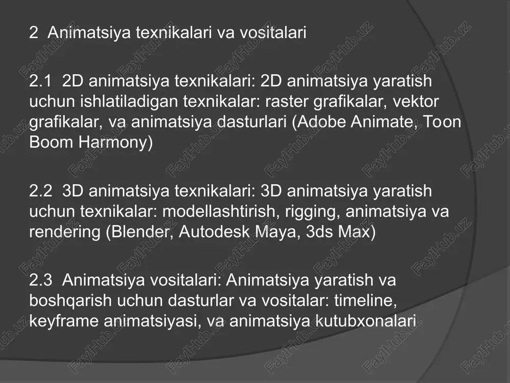 storyboard yaratish: sahna rejasi va kadrlarni chizish. keyframes aniqlash: asosiy harakat nuqtalarini belgilash. inbetweening: o'rta kadrlarni yaratish. ovoz va effektlar qo'shish: musiqa, ovoz effektlari va boshqa elementlarni integratsiya qilish. montaj va tahrir: yakuniy natijani tayyorlash va kerakli o'zgartirishlar kiritish. bu jarayonlar birgalikda animatsiyaning muvaffaqiyatli va samarali yaratilishiga yordam beradi. 2 animatsiya texnikalari va vositalari animatsiya yaratish jarayonida turli texnikalar va vositalar ishlatiladi. har bir texnika va vosita o'ziga xos afzalliklari va kamchiliklariga ega bo'lib, ijodkorlarga keng imkoniyatlar taqdim etadi. quyida asosiy texnikalar va vositalarni ko'rib chiqamiz: texnikalar frame-by-frame (kadrma-kadr) ta'rif: har bir kadrni alohida chizish. bu klassik animatsiya usuli, u realistik harakatlarni yaratish imkonini beradi. afzalliklari: yuqori darajadagi nazorat va ijodkorlik. cut-out animatsiyasi ta'rif: 2d xarakterlar va ob'ektlarni kesish va harakatlantirish orqali animatsiya yaratish. afzalliklari: oson harakatlantirish va tez ishlab chiqish. puppet animatsiyasi ta'rif: xarakterlarning qismlarini bog'lash va harakatlantirish orqali animatsiya yaratish. afzalliklari: oson va tez harakatlantirish, kadrlar orasida ko'proq …