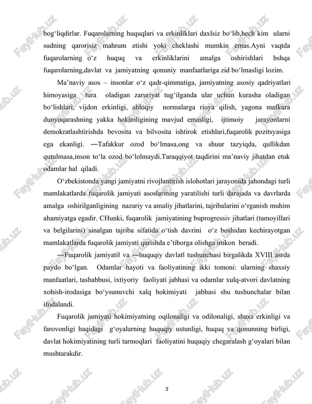 iyati jabhasi shu tushunchalar bilan ifodalandi. fuqarolik jamiyati hokimiyatning oqilonaligi va odilonaligi, shaxs erkinligi va farovonligi haqidagi g‘oyalarning huquqiy ustunligi, huquq va qonunning birligi, davlat hokimiyatining turli tarmoqlari faoliyatini huquqiy chegaralash g‘oyalari bilan mushtarakdir. huquqiy davlatni fuqarolik jamiyati rivojlanishining natijasi va uning o‘zini o‘zi yanada takomillashtirishi omili deb hisoblash mumkin. huquqiy davlatchilikning shakllanish jarayoni, hech shubhasiz, ancha uzoq vaqt davom etadi. u fuqarolik jamiyati shakllanishi bilan birga takomillashib boradi. har bir davlatda bo‘lganidek, huquqiy davlat hokimiyatining suverenligi ham mamlakat ichida uning barcha fuqarolarga va ular tashkil etuvchi nodavlat tashkilotlariga nisbatan ustunligida va undan tashqarida davlatning tashqi siyosatni yuritish, boshqa davlatlar bilan munosabatlar o‘rnatishda va mustaqilligida namoyon bo‘ladi. fuqarolik jamiyati institutiningyanad rivojlanishiga erishish,amalga oshirilayotgan islohatlarimizning ochik – oshkoraligi va samarmadorligini ta`minlashda, uning rolini kuchaytirishda «ijtimoiy sheriklik to`g`risida»gi qonuning qabul kilinishi muxim ahamiyat kasb etadi. ushbu qonunda ijtimoiy – iqtisodiy rivojlanish dasturlarini amalga oshirish, gumanitar muammolarni xal etish, mamlakatimiz aholisi turli katlamlarining …