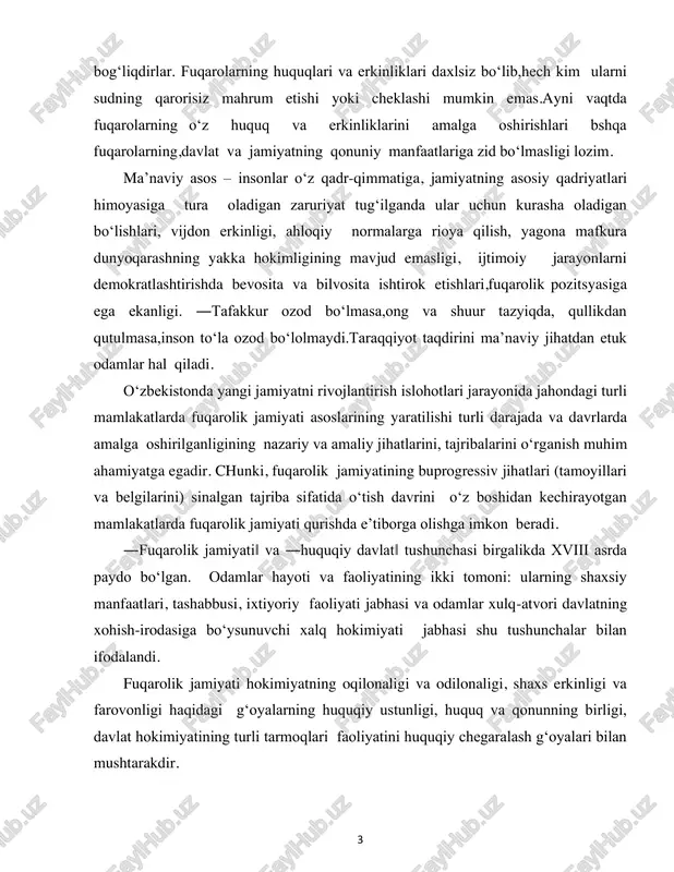 hokimiyati jabhasi shu tushunchalar bilan ifodalandi. fuqarolik jamiyati hokimiyatning oqilonaligi va odilonaligi, shaxs erkinligi va farovonligi haqidagi g‘oyalarning huquqiy ustunligi, huquq va qonunning birligi, davlat hokimiyatining turli tarmoqlari faoliyatini huquqiy chegaralash g‘oyalari bilan mushtarakdir. 4 huquqiy davlatni fuqarolik jamiyati rivojlanishining natijasi va uning o‘zini o‘zi yanada takomillashtirishi omili deb hisoblash mumkin. huquqiy davlatchilikning shakllanish jarayoni, hech shubhasiz, ancha uzoq vaqt davom etadi. u fuqarolik jamiyati shakllanishi bilan birga takomillashib boradi. har bir davlatda bo‘lganidek, huquqiy davlat hokimiyatining suverenligi ham mamlakat ichida uning barcha fuqarolarga va ular tashkil etuvchi nodavlat tashkilotlariga nisbatan ustunligida va undan tashqarida davlatning tashqi siyosatni yuritish, boshqa davlatlar bilan munosabatlar o‘rnatishda va mustaqilligida namoyon bo‘ladi. fuqarolik jamiyati institutiningyanad rivojlanishiga erishish,amalga oshirilayotgan islohatlarimizning ochik – oshkoraligi va samarmadorligini ta`minlashda, uning rolini kuchaytirishda «ijtimoiy sheriklik to`g`risida»gi qonuning qabul kilinishi muxim ahamiyat kasb etadi. ushbu qonunda ijtimoiy – iqtisodiy rivojlanish dasturlarini amalga oshirish, gumanitar muammolarni xal etish, mamlakatimiz aholisi turli …