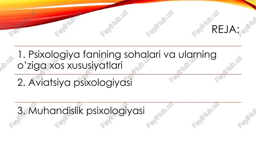 fatlarining ko’rinishlari kiradi. masalan, hissiy jarayonlardan psixik holat sifatida kayfiyat, psixik xususiyatlarga qobiliyatlar va boshqalar kiradi. umumiy psixologiyadagi bu bo’linish hartli ravishda amalga oshirilgan bo’lib, unda jarayon tushunchasi umumiy tadqiq qilinayotgan hodisaning jarayoniy xususiyatga ega ekanligi ta’kidlanadi, xolos. psixik holat tushunchasi psixik holatlarga nisbatan nisbiy statikligini anglatadi. psixik xususiyat tushunchasi esa tadqiq qilinayotgan hodisaning mustahkamligini, qaytaruvchanligini aks ettiradi va bu narsa shaxs tuzilishida o’z ifodasini topadi. umumiy psixologiyadan boshqa sohalar, bilimlar asos sifatida foydalaniladi, xuddi shu boisdan u universal xususiyat kasb etadi. • eksperimental psixologiya- eksperimental metodlar yordamida psixik hodisalarni tadqiq qilishning umumiy sohasi. psixologiya fan sifatida falsafadan ajralib chiqishida eksperimental tadqiqotlar o’tkazish asosiy rol o’ynagan. xix asrning o’rtalarida psixologik hodisalar ustidan ilk bor amaliy eksperimental psixologik tadqiqotlar o’tkazilgan. bu fiziologik laboratoriyalarda elementar funksiyalarni o’rganish orqali, ya’ni ilk bor sezgi va idrokni o’rganish bilan boshlangan. bu tadqiqotlar eksperimental psixologiyaning falsafa va fiziologiyadan mustaqil, alohida fan sifatida vujudga kelishiga muhim asos …