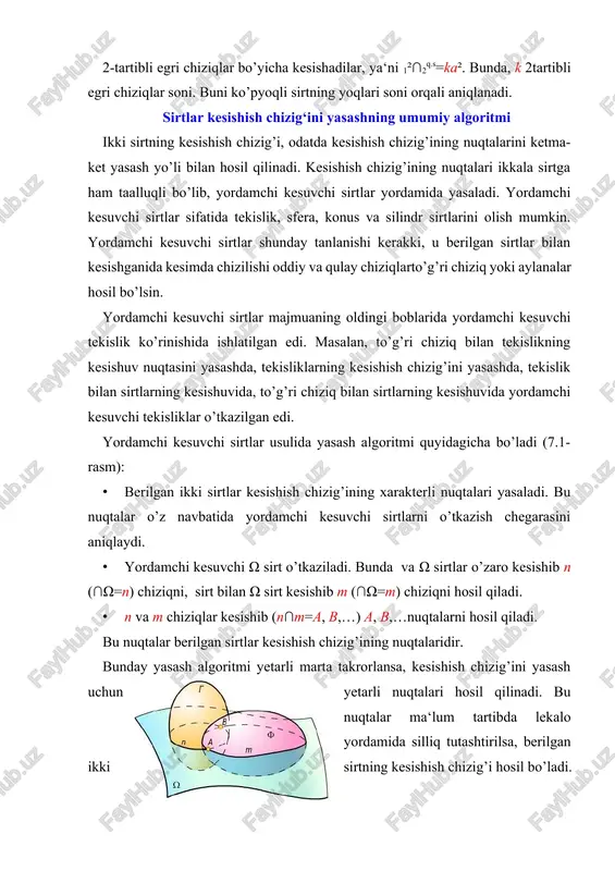 ishish chizig’ini yasash uchun yetarli nuqtalari hosil qilinadi. bu nuqtalar ma‘lum tartibda lekalo yordamida silliq tutashtirilsa, berilgan ikki sirtning kesishish chizig’i hosil bo’ladi. agar yordamchi kesuvchi sirt tekislik bo’lsa, xosmas o’qli tekisliklar dastasi hosil bo’ladi. agar yordamchi kesuvchi sirt sferadan iborat bo’lsa, konsentrik yoki ekssentrik sferalar oilasi hosil bo’ladi. shunga ko’ra ikki kesishuvchi sirtning kesishish chiziqlarini yasashda yordamchi kesuvchi tekisliklar dastasi, yordamchi kesuvchi konsentrik va ekssentrik sferalar usullari hosil bo’ladi. bu usullarining qo’llanilishi to’g’risida keyinchalik batafsil to’xtab o’tamiz. sirtlarning o‘zaro kesishish chizig‘ini yasash. kesuvchi tekisliklar dastasi usuli bitta to’g’ri chiziqdan o’tuvchi tekisliklarni tekisliklar dastasi deyiladi. to’g’ri chiziq tekisliklar dastasining o’qideb yuritiladi. tekisliklar dastasi xos (7.rasm) yoki xosmas o’qqa (7.3rasm) ega tekisliklar dastasi, asosan, tekislik bilan sirtning, sirt bilan sirtning va sirt bilan ko’pyoqlik sirtining o’zaro kesishish chiziqlarini yasashda yordamchi kesuvchi tekisliklar dastasi usuli nomi bilan ishlatiladi. 7 . 2 - rasm 7 . 3 - rasm o‘qlari bir tekislikda yotmaydigan …