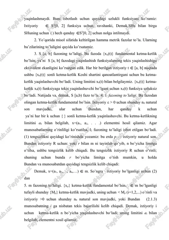 egaralanmaganligi uchun, cheksiz davom ettirishimiz mumkin. natijada {xn} (xp ∈ a) ketma-ketlik va o’sib boruvchi {rn} sonli ketma-ketlik hosil bo‘lib, ushbu tengeizliklar bajariladi. endi ixtiyoriy natural sonlar uchun munosabatlar o’rinli. bulardan quyidagi tengeizliklarga asosan ushbu munosabat kelib chiqadi. so’nggi munosabat ko’rsatadiki, {xp} ketma-ket-likning o‘zi va na uning biror qismi fundamental bo’la olmaydi, demak, yaqinlashuvchi ham bo’lishi mumkin emas. bu esa ziddiyatga olib keladi, chunki {xp} ketma-ketlikning elementlari a nisbiy kompakt to’plamdan olingan. bu teoremaning teskarisi, umuman aytganda, o’rinli emas, ya’ni to’plam chegaralangan bo‘lsa, u nisbiy kompakt bo’lishi shart emas. bunga l2 fazodan konkret misol keltiramiz. l2 fazodan ushbu elementlardan iborat chegaralangan to’plamni tuzamiz. bu elementlarning ixtiyoriy ikkitasi orasidagi masofa ga teng. shuning uchun bu ketma-ketlik va uning hech qanday qismi yaqinlashuvchi bo’lmaydi, demak, tuzilgan to’plam nisbiy kompakt emas. metrik fazoda nisbiy kompaktlik tushunchasiga yaqin bo’lgan tushunchani kiritamiz. ta’rif. a, v lar (x, ) metrik fazodan olingan to’plamlar va > 0 …