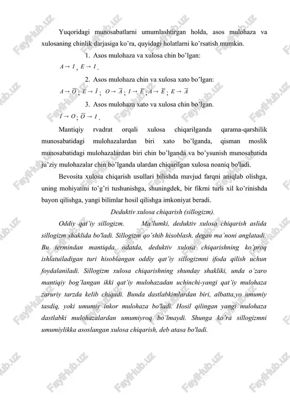 qiy kesimi-p-katta termin (terminus major),deb ataladi. xulosa asoslari uchun umumiy bo’lgan, lekin xulosada uchramaydigan tushuncha- m-(termunis medius) o’rta termin deb ataladi. asoslarda katta terminni o’z ichiga olgan mulohaza katta asos, kichik terminni o’z ichiga olgan mulohaza kichik asos deb ataladi. induktiv xulosa chiqarish. biz avvalgi mavzuda zaruruiy xulosa chiqarish bilan (diduktiv xulosa chiqarish asosida) tanishib chiqqan edik. mantiqda ehtimoliy xulosa chiqarish ham o’rganiladi. ehtimoliy xulosa chiqarish turli xil shakllarda, shu jumladan, enduktiv xulosa chiqarish shaklida amalga oshirishi mumkin. ularning barchasiga xos xususiyat-xulosaning asoslardan mantiqan zaruriy ravishda kelib chiqmasligi hamda faqat ma’lum bir darajada tasdiqlanishidir. asoslarning xulosani tasdiqlash darajasi mantiqiy ehtimollik, deb nom olgan. juz’iy bilimdan umumiy bilimga mantiqan o’tish induksiya shaklida sodir bo'ladi (lotincha-inductio-yagona asosga keltirish). induktiv xulosa chiqarish empirik umumlashtirish shaklida sodir bo’lib, unda birorta belgining ma’lum bir sinfga mansub predmetlarda takrorlanishni kuzatish asosida shu belgining maskur sinfga tigishli barcha predmetlarga xosligi haqida xulosa chiqariladi. induktiv asosida chiqarilgan xulosalar …