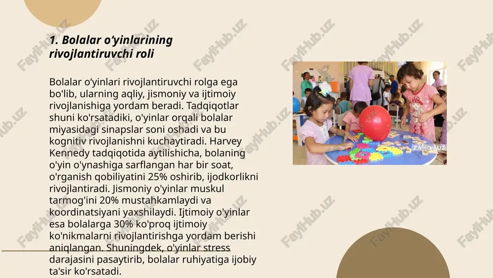 muhim rol oʻynaydi. tadqiqotlar shuni koʻrsatadiki, strategik va mantiqiy oʻyinlar 40-60% ga muammolarni hal qilish qobiliyatini oshirishga yordam beradi. masalan, kompyuter o‘yinlari bolalar va kattalarda mantiqiy va tanqidiy fikrlashni 30 kungacha doimiy oʻynashda 20% ga kuchaytirishi mumkin. bundan tashqari, jadval oʻyinlari oila aʼzolari bilan oʻynalganida, ijtimoiy muloqotni 35% ga yaxshilaydi va muammo yechimlarini birgalikda topishda koʻmaklashadi. oʻyinlar kognitiv qobiliyatlarni rivojlantirishda 45% ga samara beradi, bunda diqqat va kontsentratsiyani oshirishga taʼsir qiladi. oʻyinlardan taʼlim jarayonida foydalanish ko‘proq ijobiy natijalar keltiradi. ... t.me/slaydai_bot 7. bolalar oʻyinlarida xavfsizlik choralari bolalar oʻyinlarida xavfsizlik choralari juda muhimdir. yiqilib tushishni oldini olish uchun oʻyin maydonchalari xavfsiz boʻlishi kerak. maydonlarning yuzasi yumshoq materiallar, masalan, rezina yoki qum bilan qoplangan boʻlishi tavsiya etiladi. statistik ma'lumotlarga koʻra, bolalar oʻyin maydonchalarida yetkazilgan jarohatlarning 75% balandlikdan tushish natijasida sodir boʻladi. bolalar oʻyin o'yincholari yosh sifatida moslangan bo'lishi kerak, 3 yoshdan kichik bolalar uchun maxsus maydonlar bo'lishi zarur. suv yaqinida o'ynashda, xavfsizlik …
