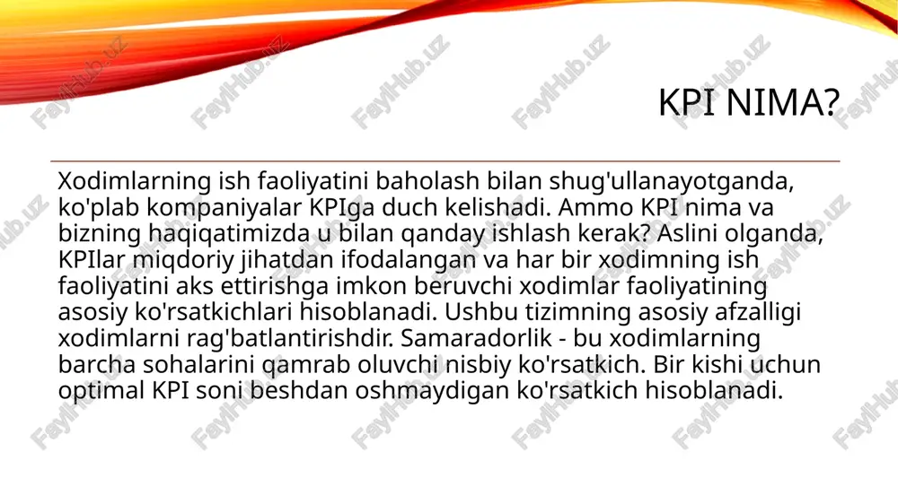 os asosidagi mobil qurilmalardan vazifalarni rejalashtiruvchini boshqarish imkonini beruvchi mobil versiyani taklif etadi. kpi tizimi har qanday miqdordagi odamlar uchun vazifalar yaratish, mas'ul shaxsni belgilash, tugatish muddatlari va shartlarini belgilash qobiliyati tufayli bo'lim, xodim yoki boshqa xodimlar guruhi uchun workly orqali qulay tarzda amalga oshiriladi. bundan tashqari, bir kun, oy yoki boshqa davr uchun ustuvor vazifalarni belgilashingiz mumkin. workly bilan xodimlarning ish faoliyatini baholash tizimi katta pul va vaqtni talab qilmasdan tez yakunlanadi! hozirgi vaqtda eng keng tarqalgan yondashuv shuki, ijro etuvchi hokimiyat va mahalliy ijro organlari darajasida uning faoliyatining asosiy ijtimoiy va iqtisodiy parametrlarini aks ettiruvchi integral ishlash hamda samaradorlik ko‘rsatkichlari qo‘llanadi. keyinchalik ular tarkibiy bo‘linmalar darajasida taqsimlanadi va alohida xodimlar darajasiga yetadi. ishlash ko‘rsatkichlari tizimlarini qurish uchun ko‘p usullar mavjud. ammo “muvozanatli ball kartasi” (balanced scorecard – bsc) qurish va “asosiy ishlash ko‘rsatkichlari” (key performance indicators – kpi)ni aniqlash tamoyillari ommalashganlari bo‘ldi. agar bsc tizimi yakuniy ta’sirga kumulyativ …